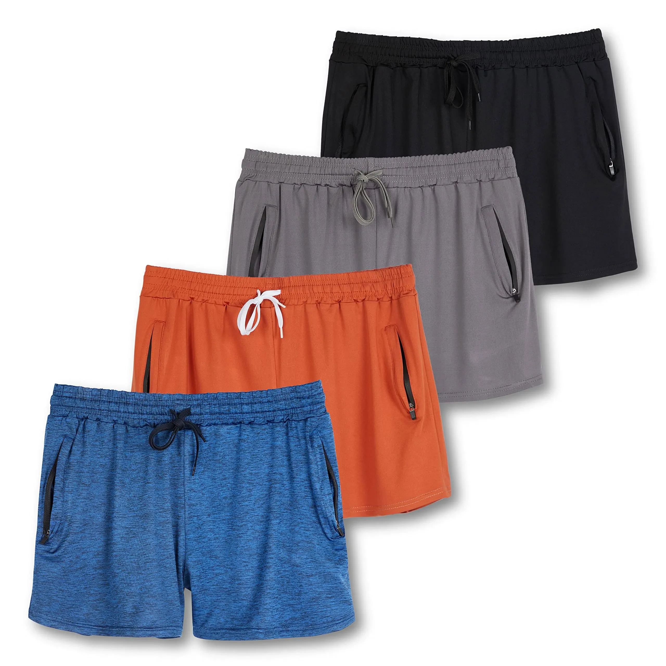 Real Essentials 4 Pack: Womens Active Athletic Performance Dry-Fit Shorts with Zipper Pockets (Available In Plus Size)