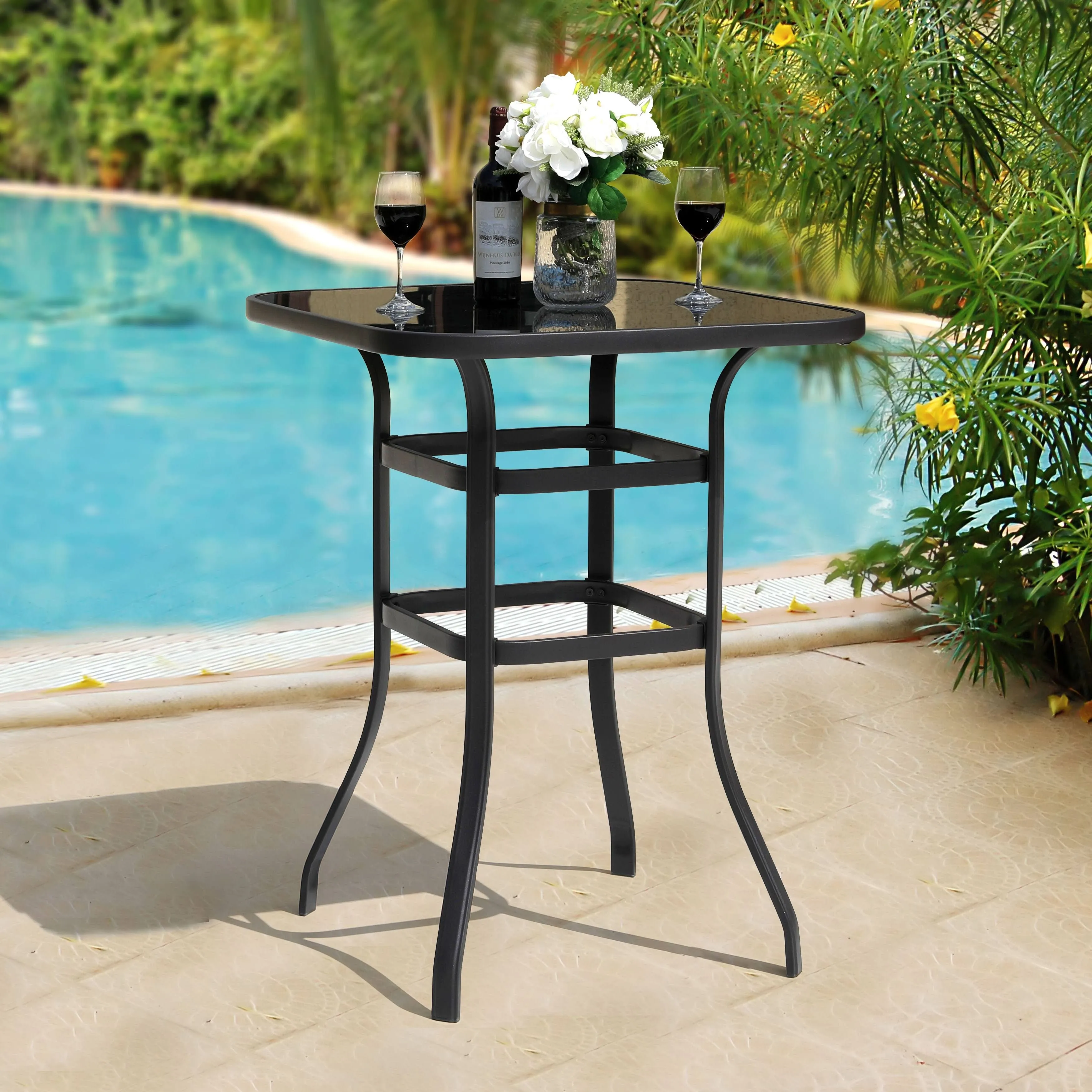 Outdoor 32 Inch Square Bar Table with Silk Screen Glass Black