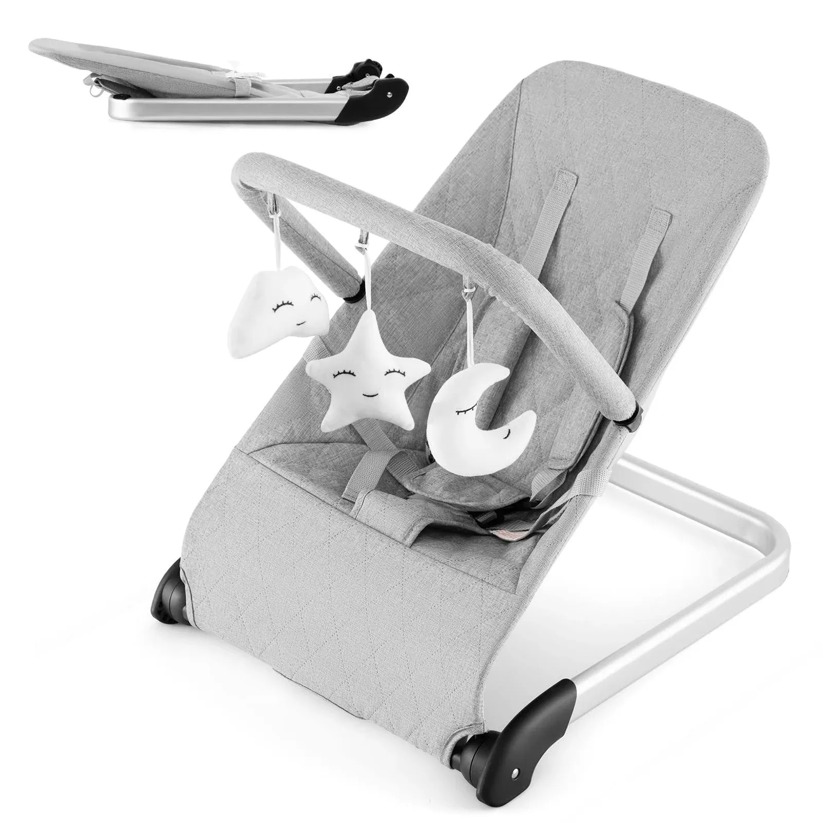 BABY JOY Baby Bouncer, Foldable Baby Rocker & Stationary Seat with 5-Point Safety Harness, Removable Fabric Cover & 3 Plush Toys, Portable Bouncer for Newborns Baby 0-6 Months (Grey)