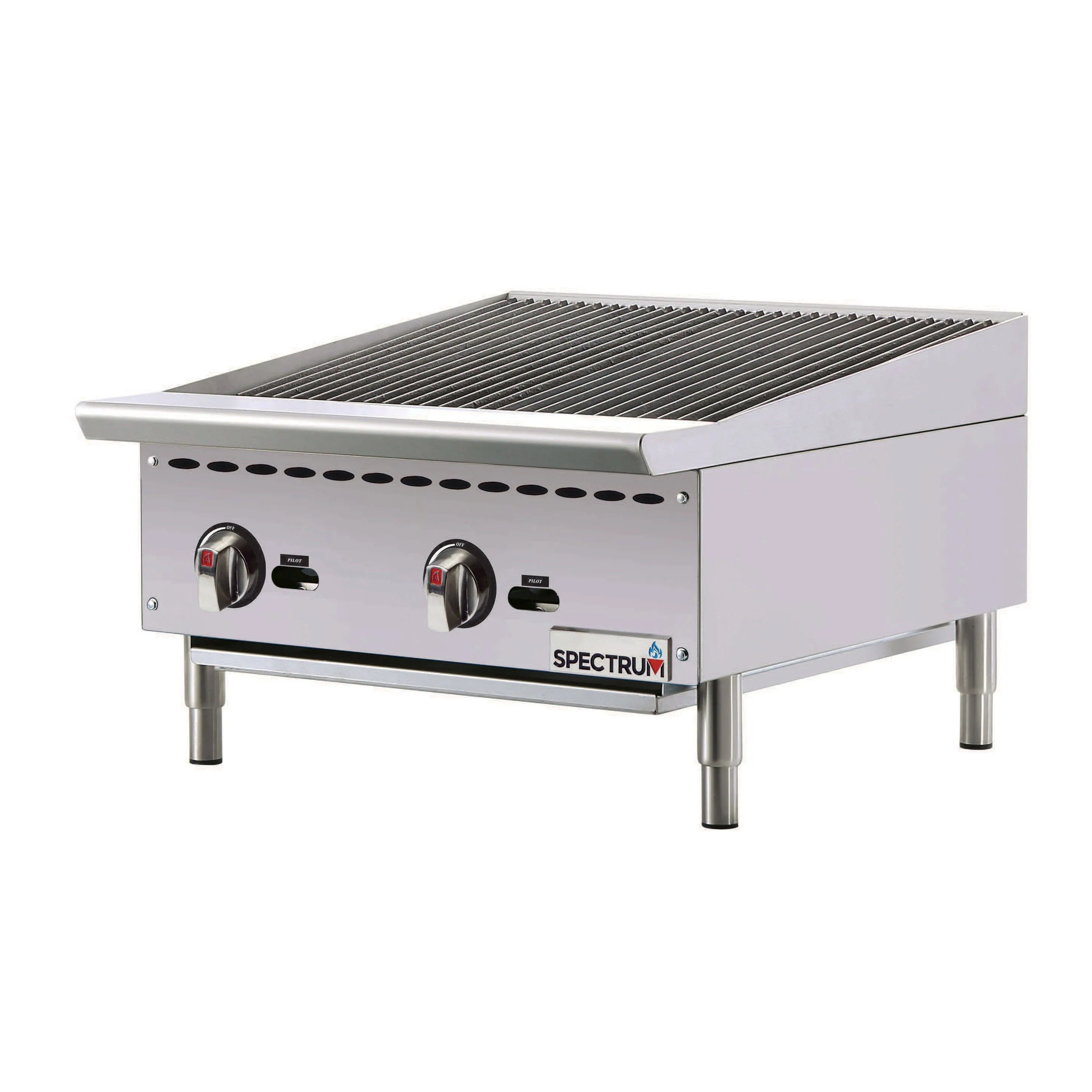 Spectrum Char Broiler, natural gas, counertop, 24in.W x 34-7/16in.D, (2) 35,000 BTU burners, 10 ga. stainless steel radiant burner cover, infinite heat controls, standing pilot light, reversible and adjustable cast iron grates,, 3-1/2in. full-width greas