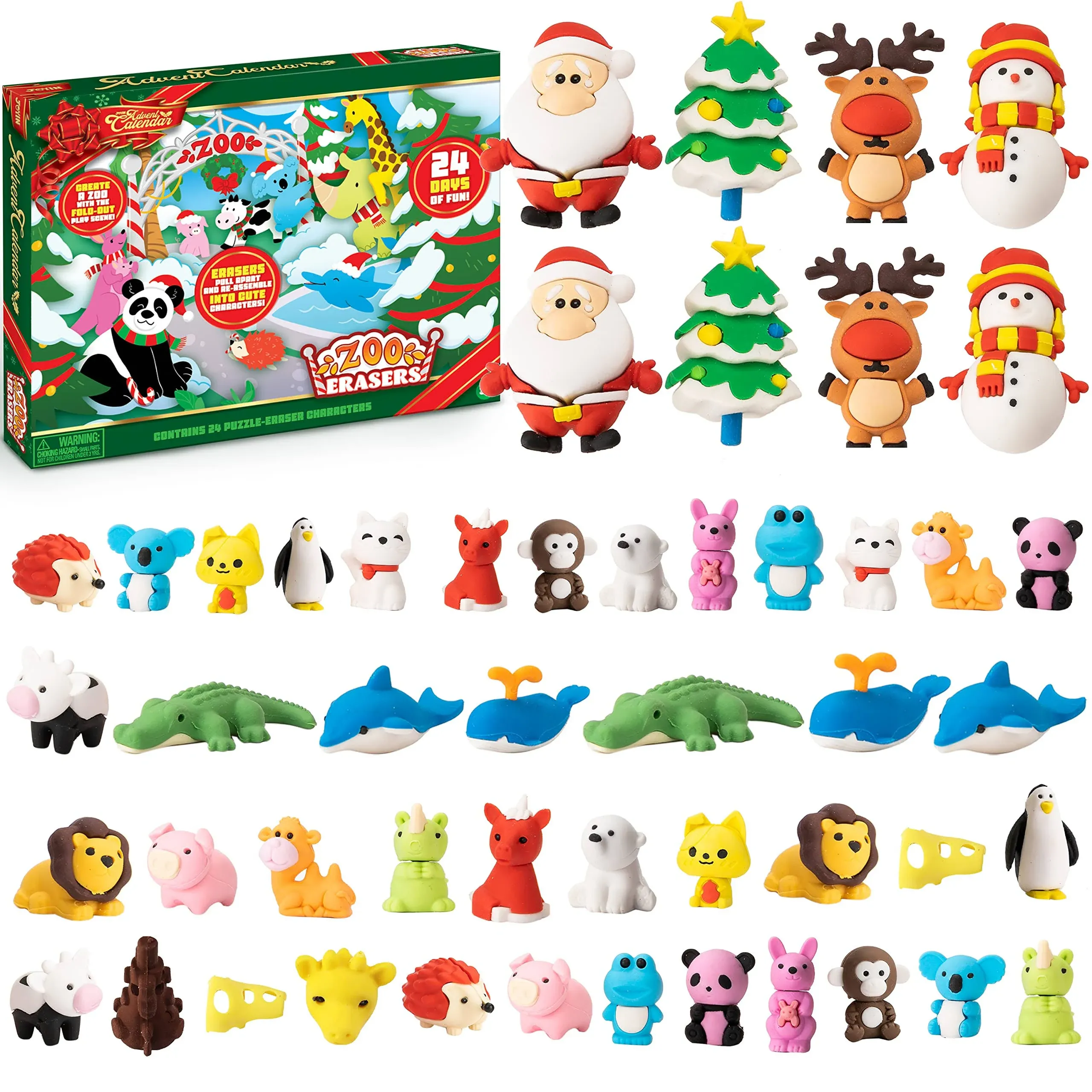 JOYIN 2024 Advent Calendar Christmas 24 Days Countdown Advent Calendar with 24 Animal Characters Including 48 Erasers Puzzle in 24 Windows Miniature Surprise Toys for Kids Christmas Party Favor Gifts