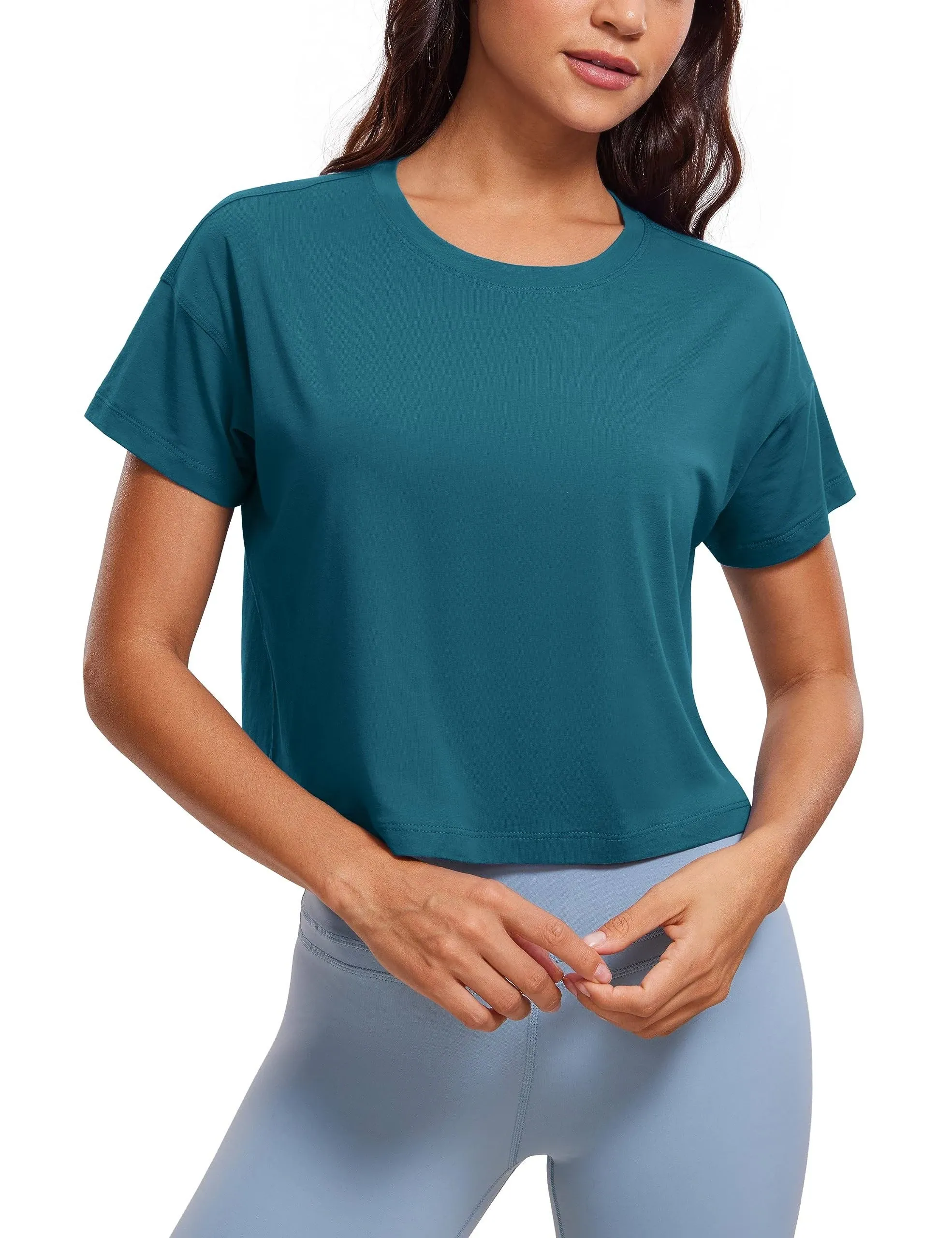 CRZ Yoga Women's Yoga Relaxed Fit Shirt Pima Cotton Crop Short Sleeves Green Jade ...