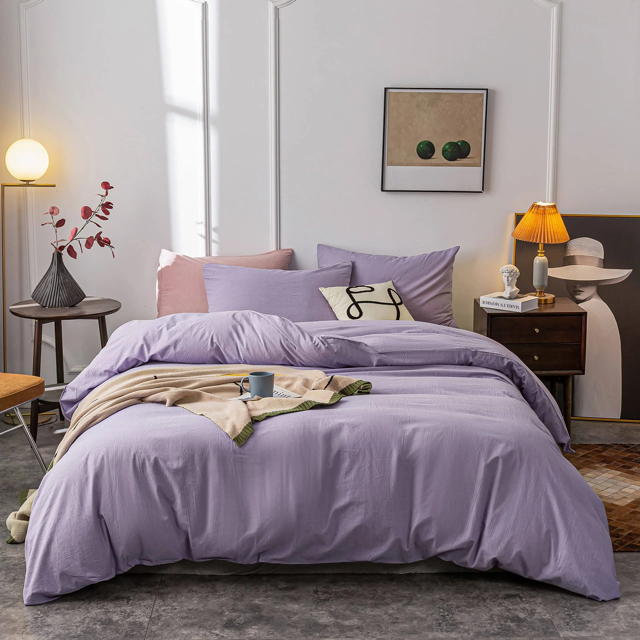 Janlive Washed Cotton Duvet Cover King Ultra Soft 100% Cotton Solid Color Lavender Purple Duvet Cover Set with Zipper Closure -3 Pieces Purple King