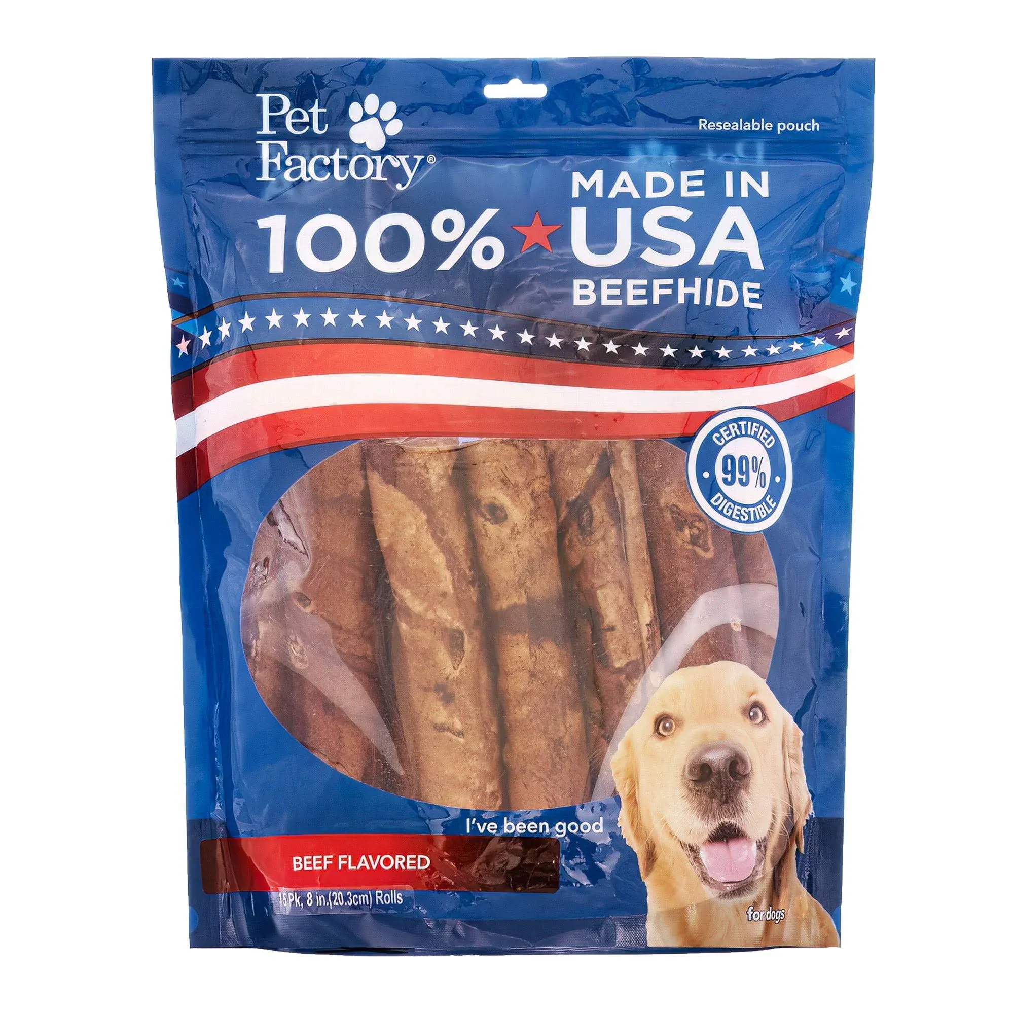 Pet Factory 100% Made in USA Beefhide 8" Rolls Dog Chew Treats - Beef Flavor, 15 Count/1 Pack