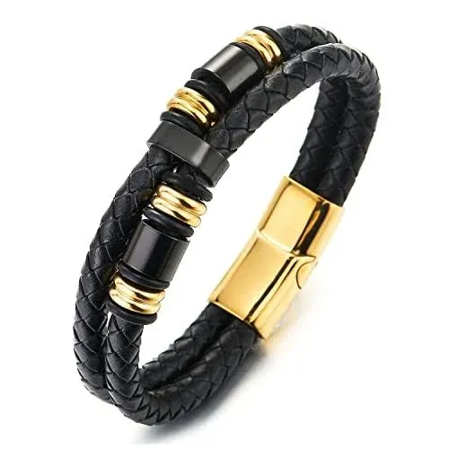 Mens Double-Row Black Blue Braided Leather Bracelet Bangle Wristband with Silver Steel Ornaments