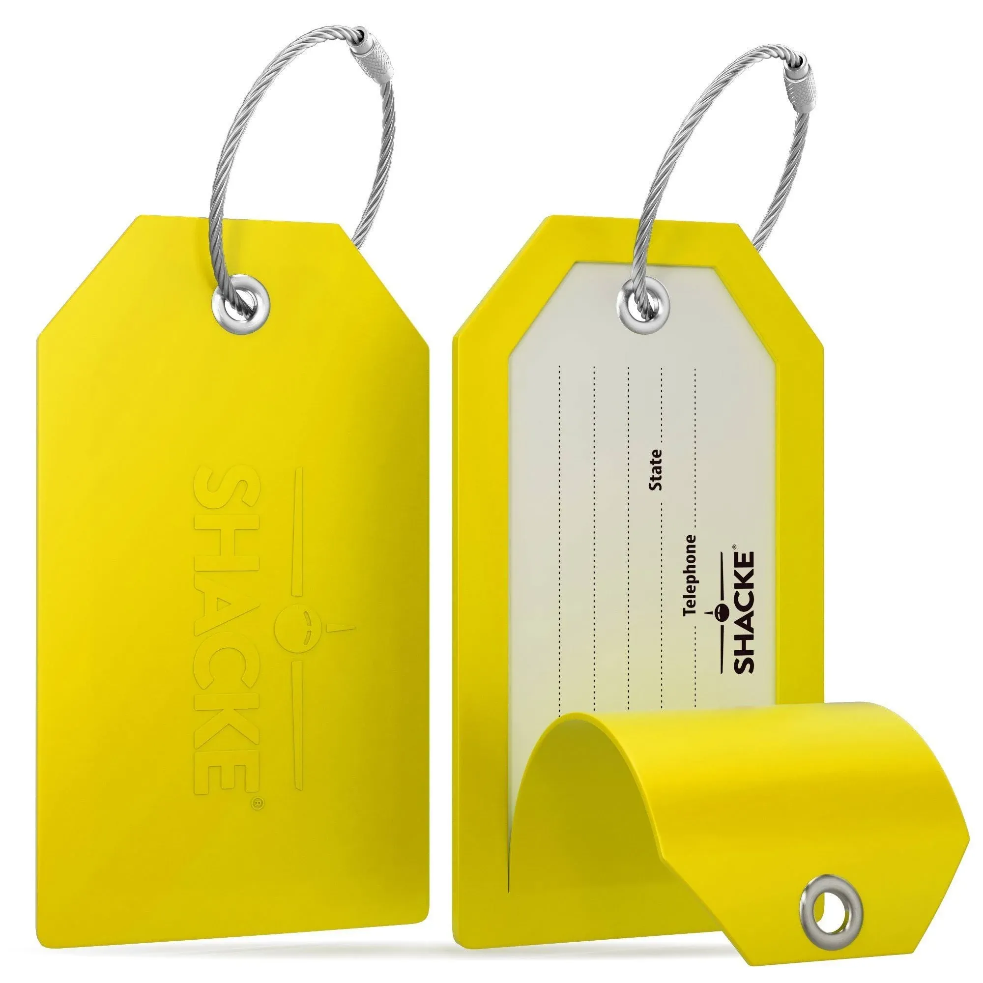 Shacke Luggage Tags with Full Back Privacy Cover w/ Steel Loops - Set of 2 (Yellow)