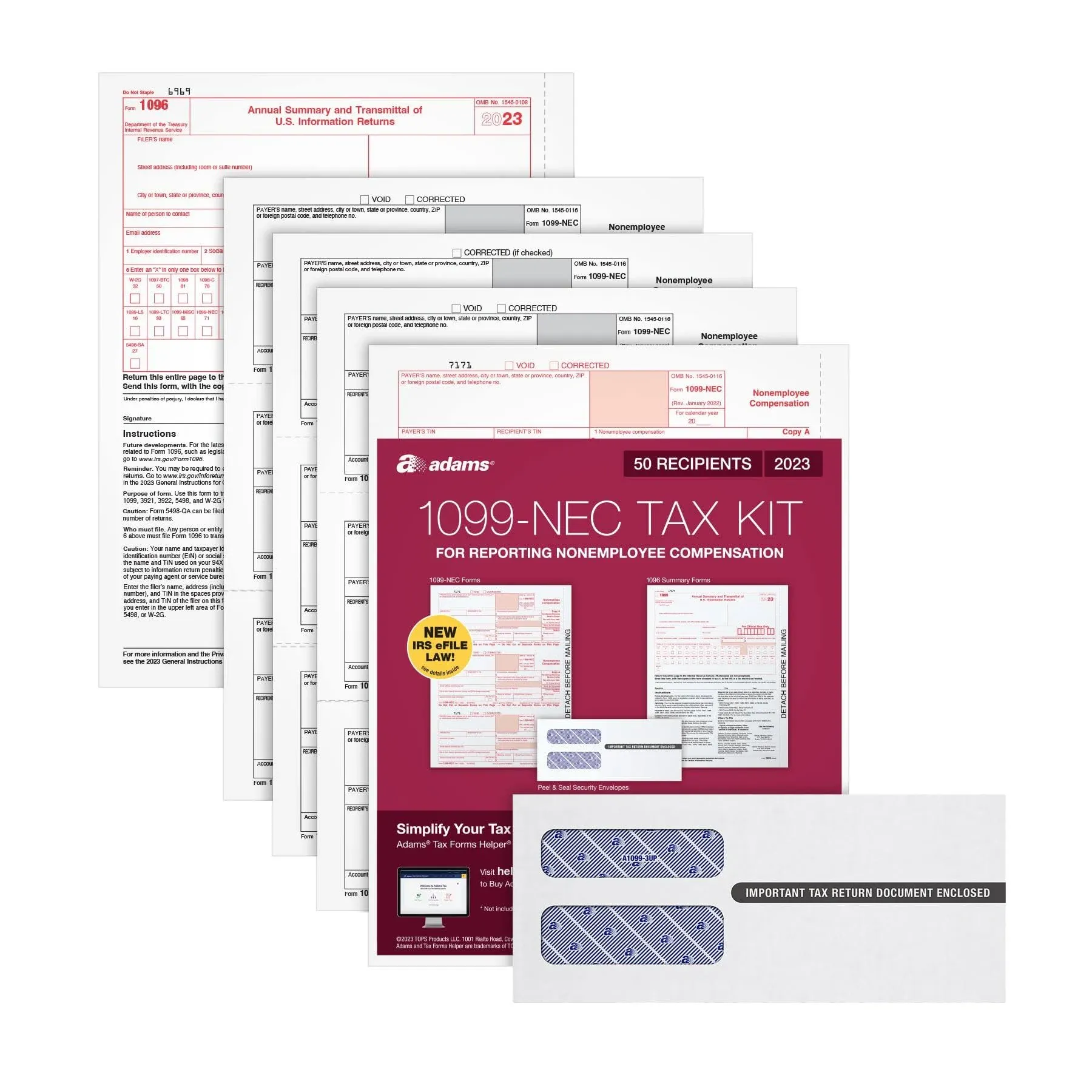 Adams 1099 NEC Forms 2023, 3 Up, 4 Part Laser/Inkjet 1099 Forms with Self Seal ...