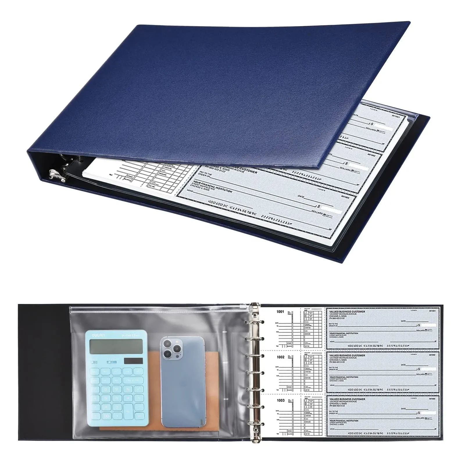 Dark Blue 7 Ring Check Binder, 3-On-A-Page Business Checkbook Holder