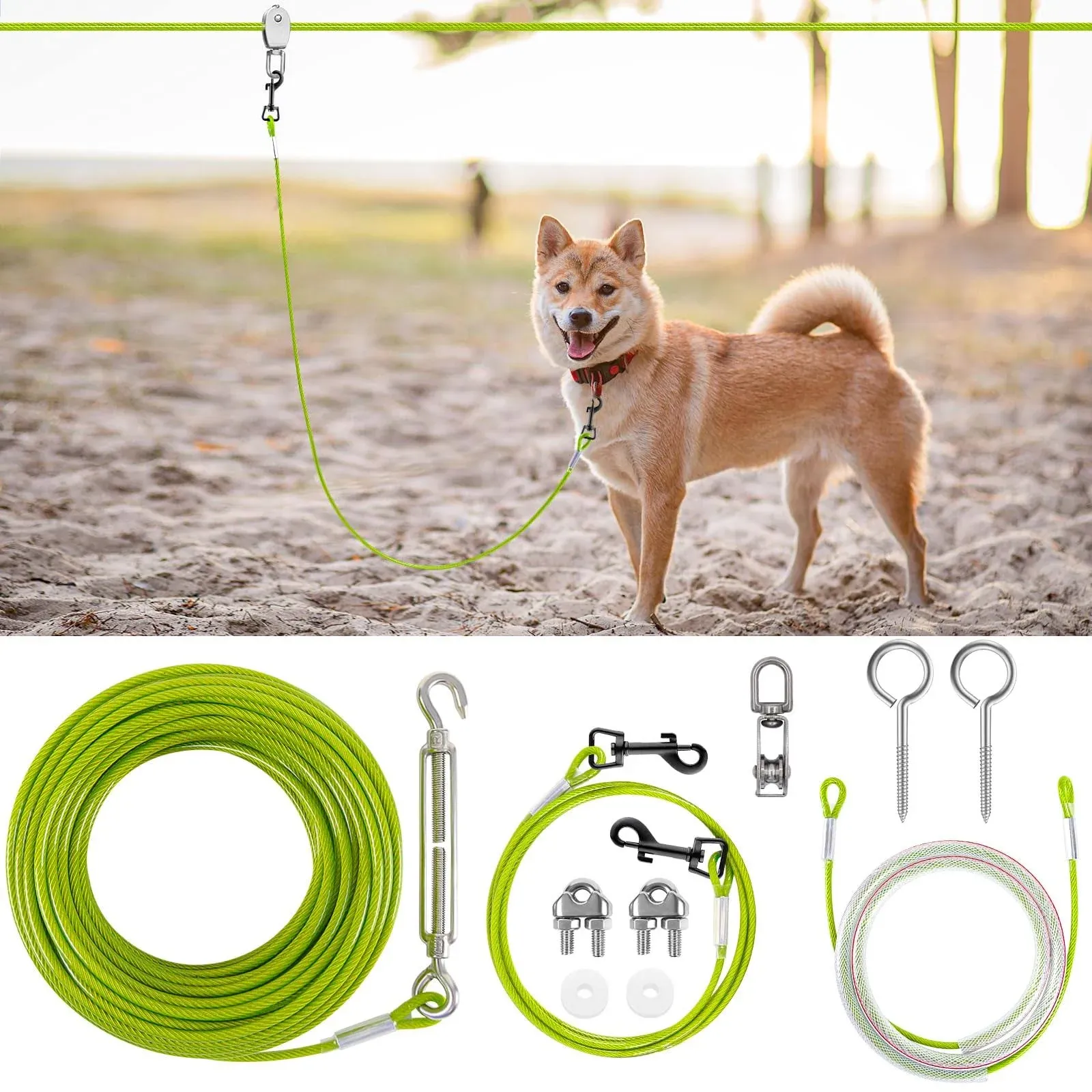 XiaZ 100FT Dog Runner for Yard, Dog Tie Out Cable Trolley Line for Dogs up to 250lbs, Aerial Dog Chain for Outside, Yard, Camping, with 8FT Bungee Run Leash, Cable Sling to Protect Trees，Green