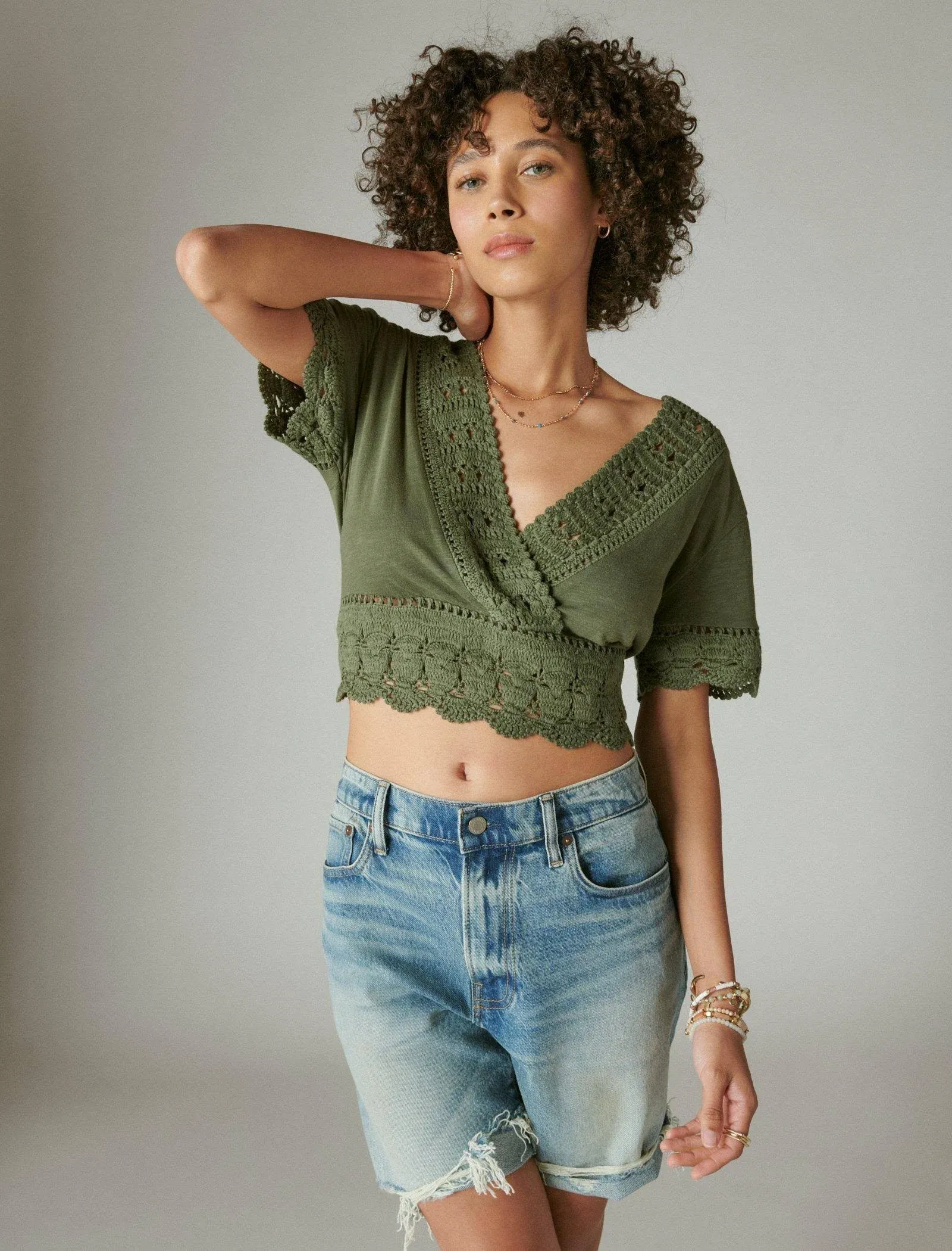 Lucky Brand Women's V Neck Crochet Top