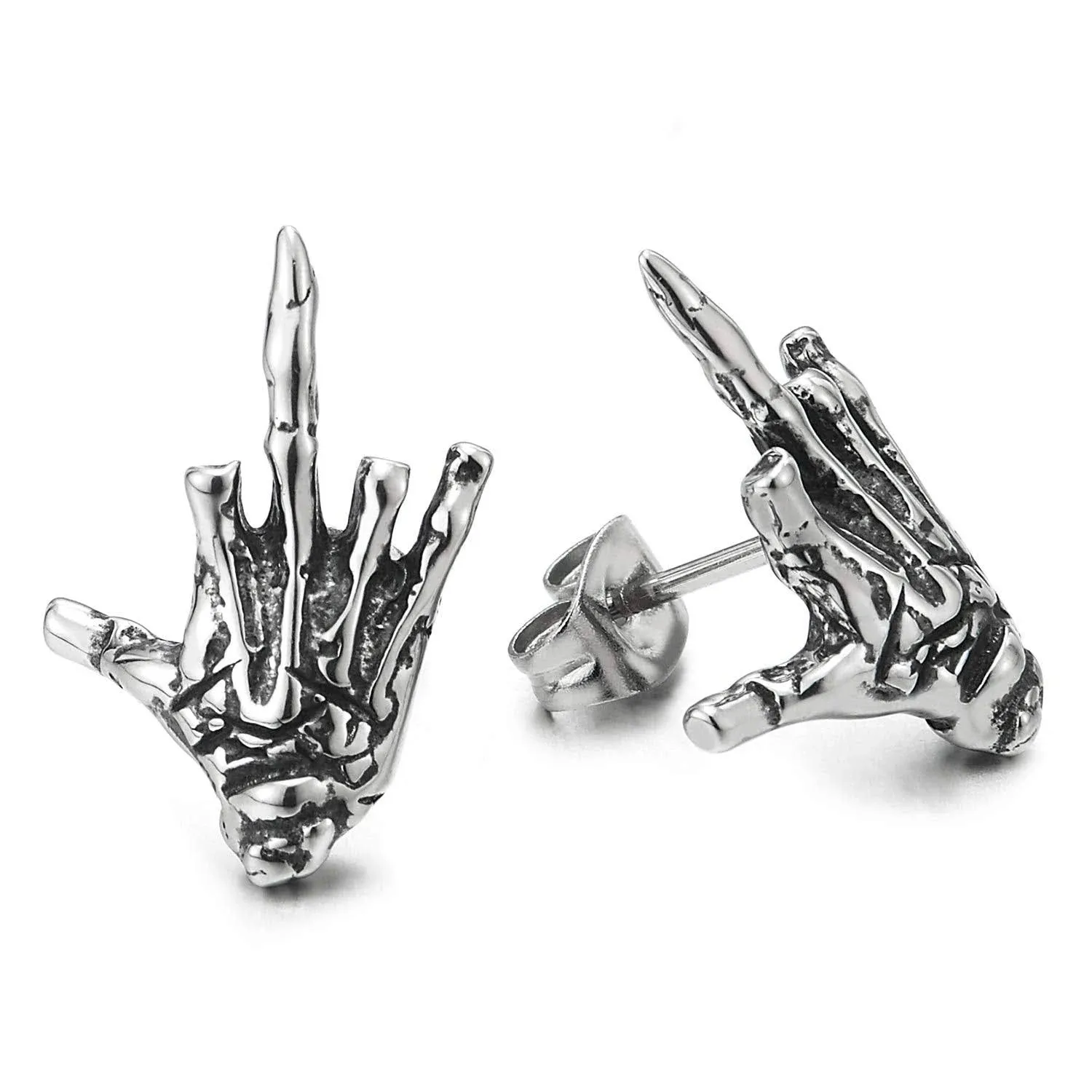 Mens Womens Stainless Steel Vintage Hand Skeleton Bone Stud Earrings, Screw Back, Punk Rock Gothic