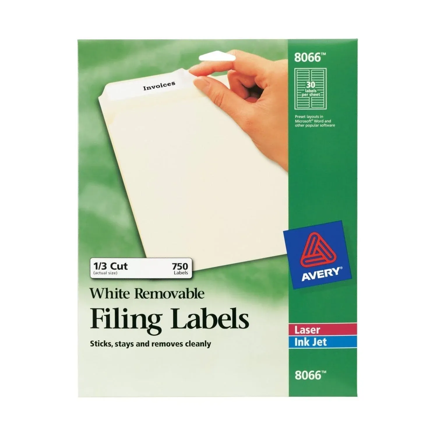 Avery Removable File Folder Labels, 2/3 0.67" Height x 3.44" Width - Rectangle - Laser, Inkjet - Bright White - Paper - 30 / Sheet - 25 Total Sheets - 750 Total Label(s) - 750 / Pack