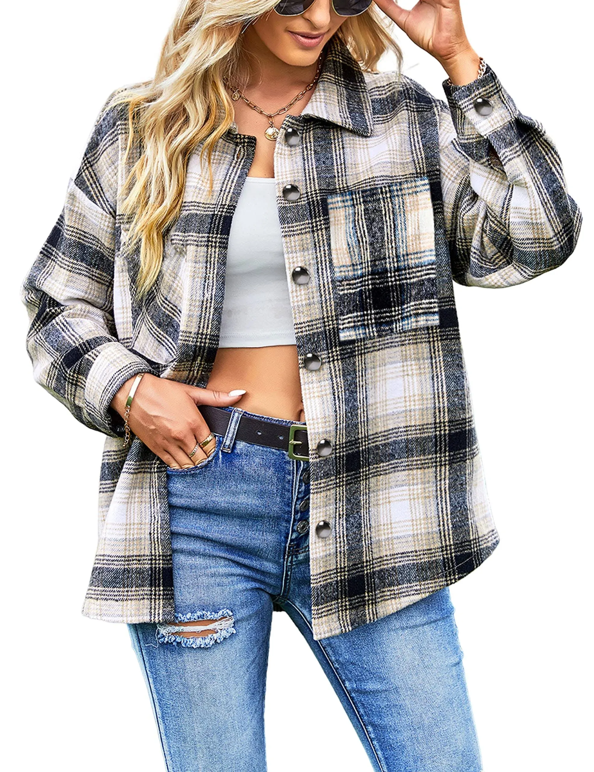 Himosyber Women&#039;s Casual Plaid Lapel Woolen Button Up Pocketed Long Shacket Coat