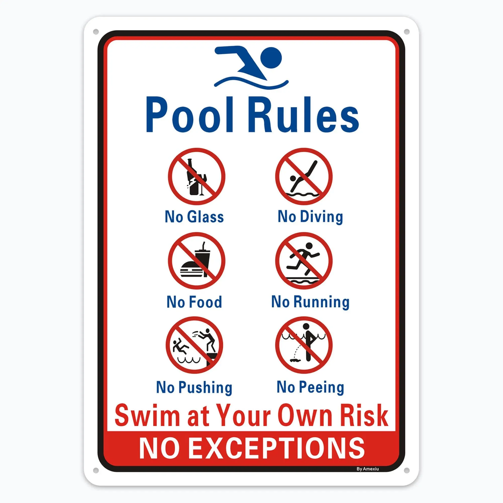 Pool Rules Sign, No Diving No Glass Metal Sign, No Food No Pushing No Running No