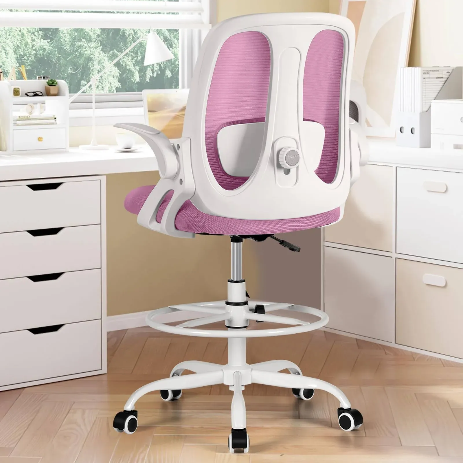 Razzor Drafting Chair Tall Ergonomic Office Chair with Adjustable Lumbar Support, Stand Stool High Office Desk with Footrest Ring, Executive Computer Chair with Flip Up Armrests - Pink