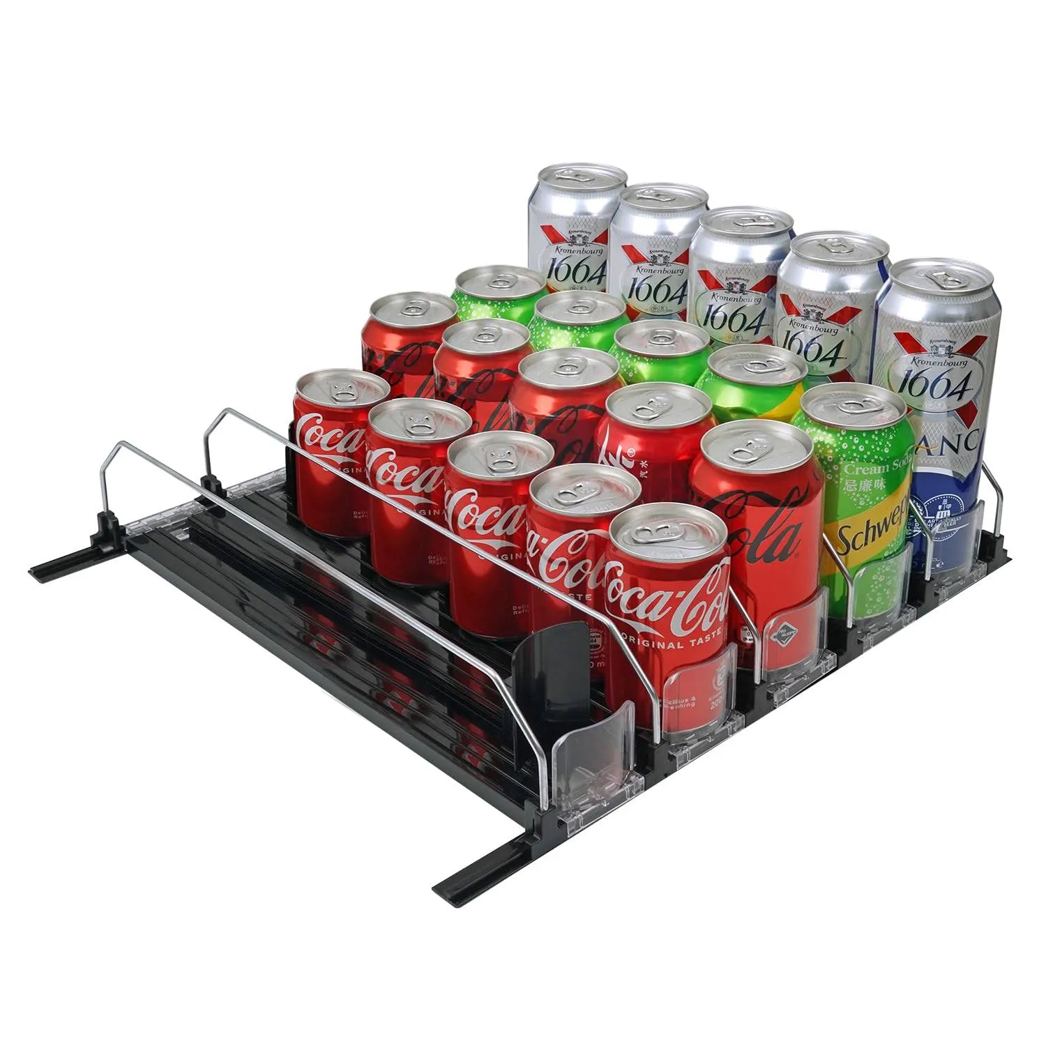 BUDO Drink Dispenser for Fridge, 15inch Soda Water Bottle Self-Pushing Organizer, Hold 25 Cans Beer Pop Storage for Refrigerator Kitchen Pantry (Black, 5 Rows)