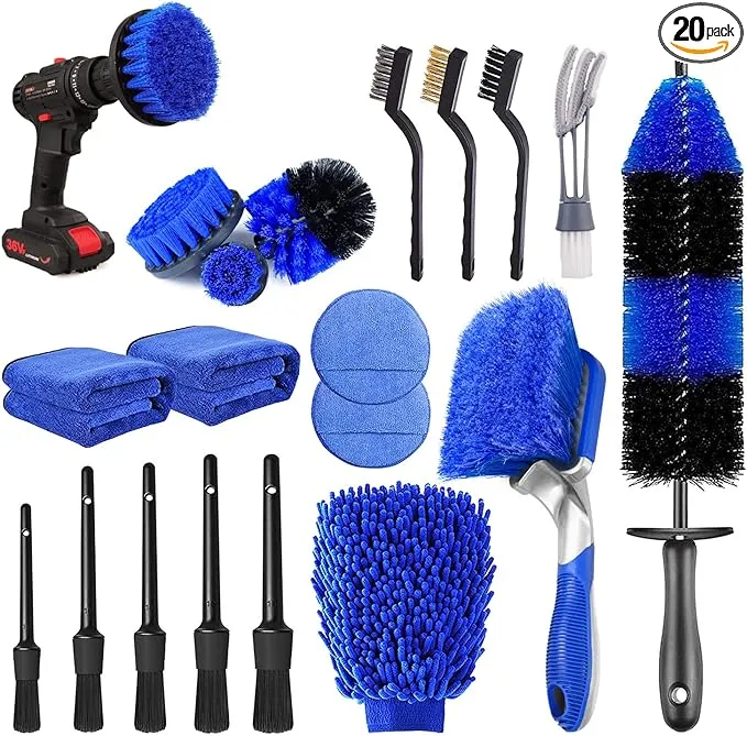 20Pcs Car Wheel Tire Detailing Brush Set,Car Detailing kit,Car Detailing Brushes,Auto Detailing Drill Brush Set,17" Long Handle Rim Wheel Brush,Tire Brush,Car Cleaning Kit for Wheels,Interior,Exterior