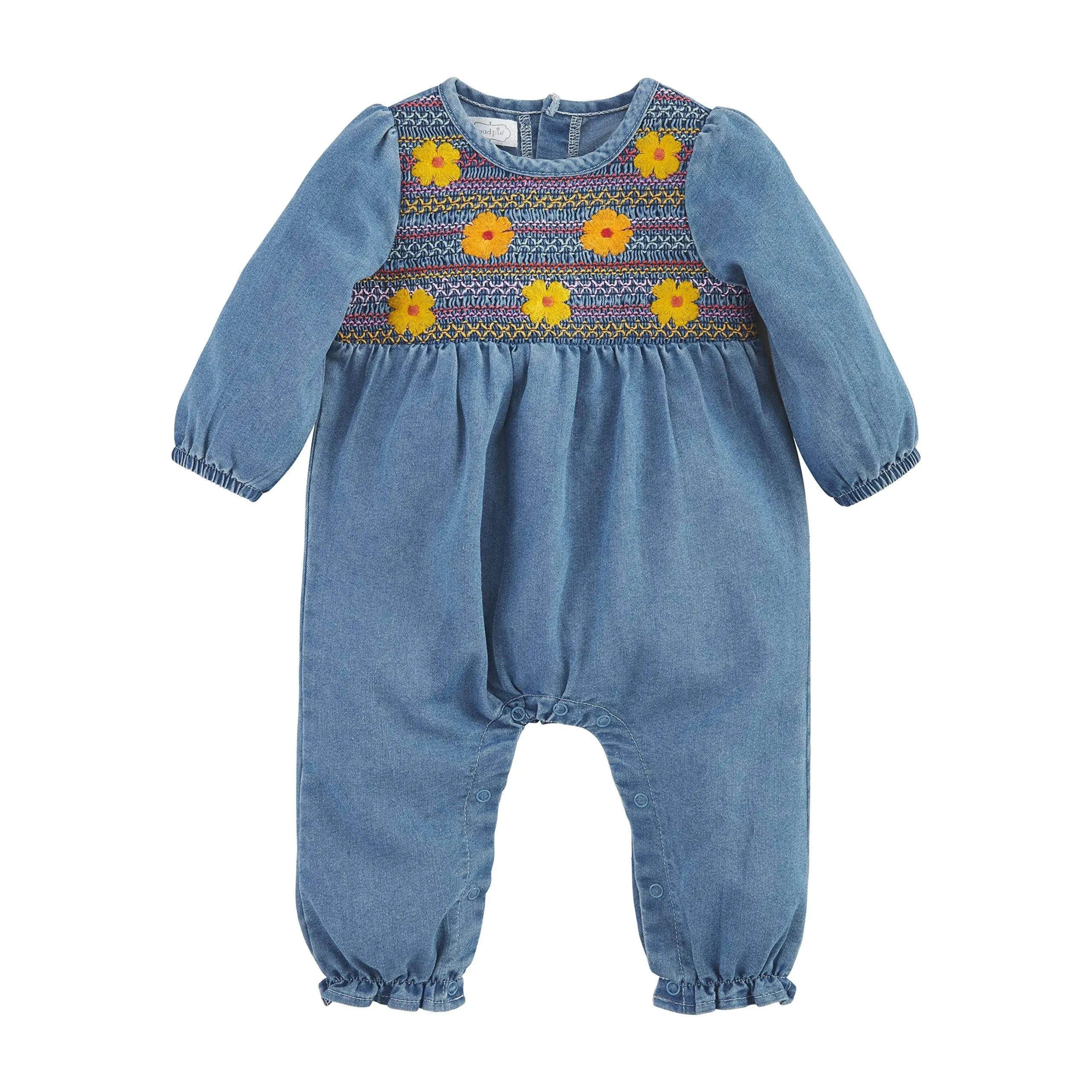 Mud Pie Smocked Denim Baby Bodysuit