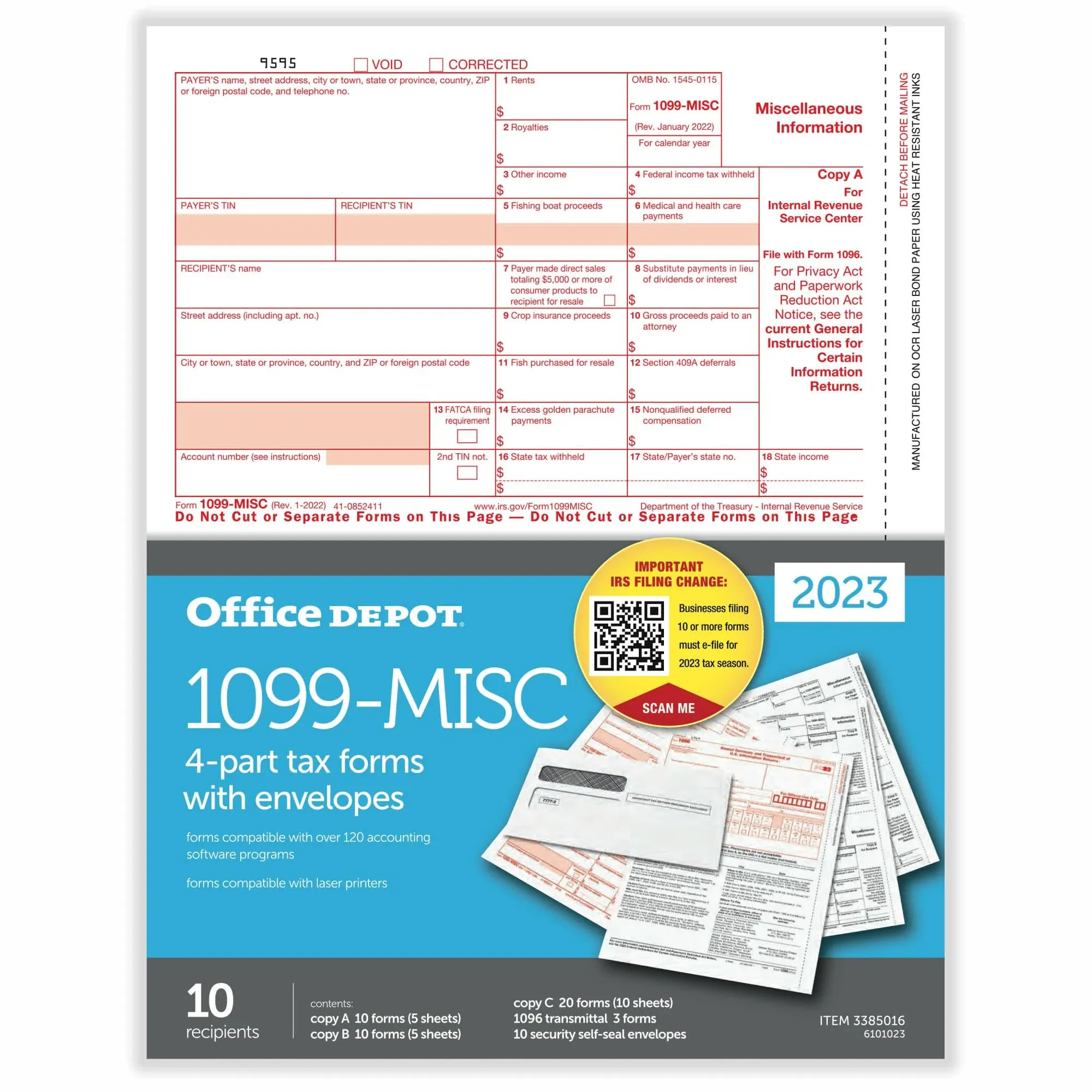 Office Depot Brand 1099-MISC Laser Tax Forms and Envelopes, 4-Part, 2-Up, 8-1/2 ...