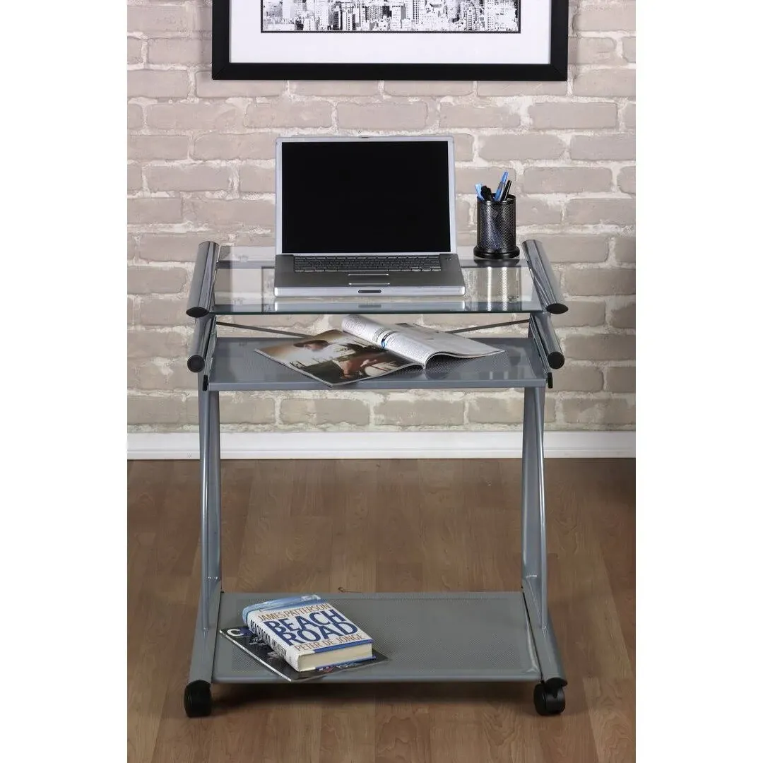 Calico Designs 50101 L-Shaped Computer Cart with Clear Glass, Silver