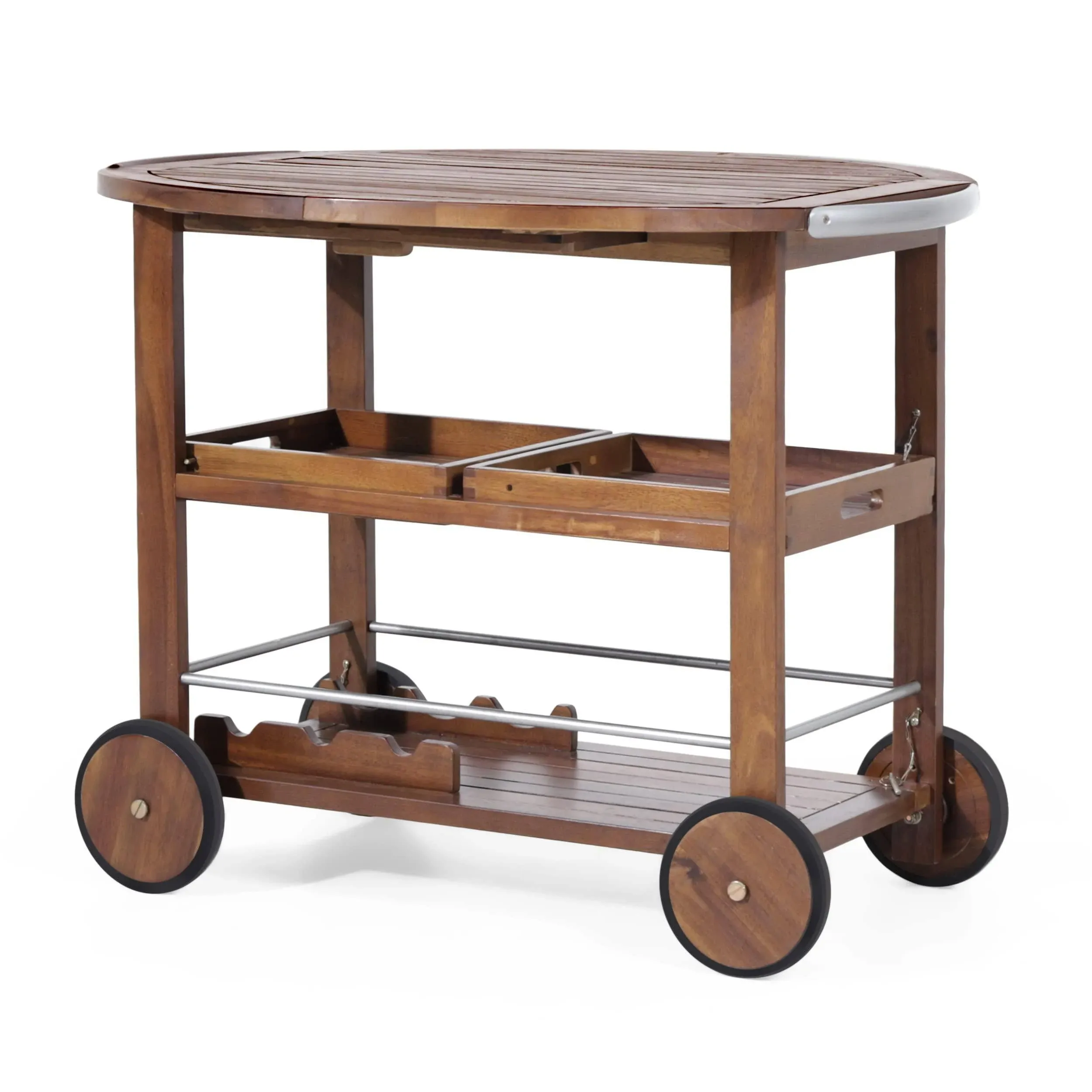 Tiller Outdoor Dark Acacia Wood Bar Cart with Powder Coated Aluminum Accents