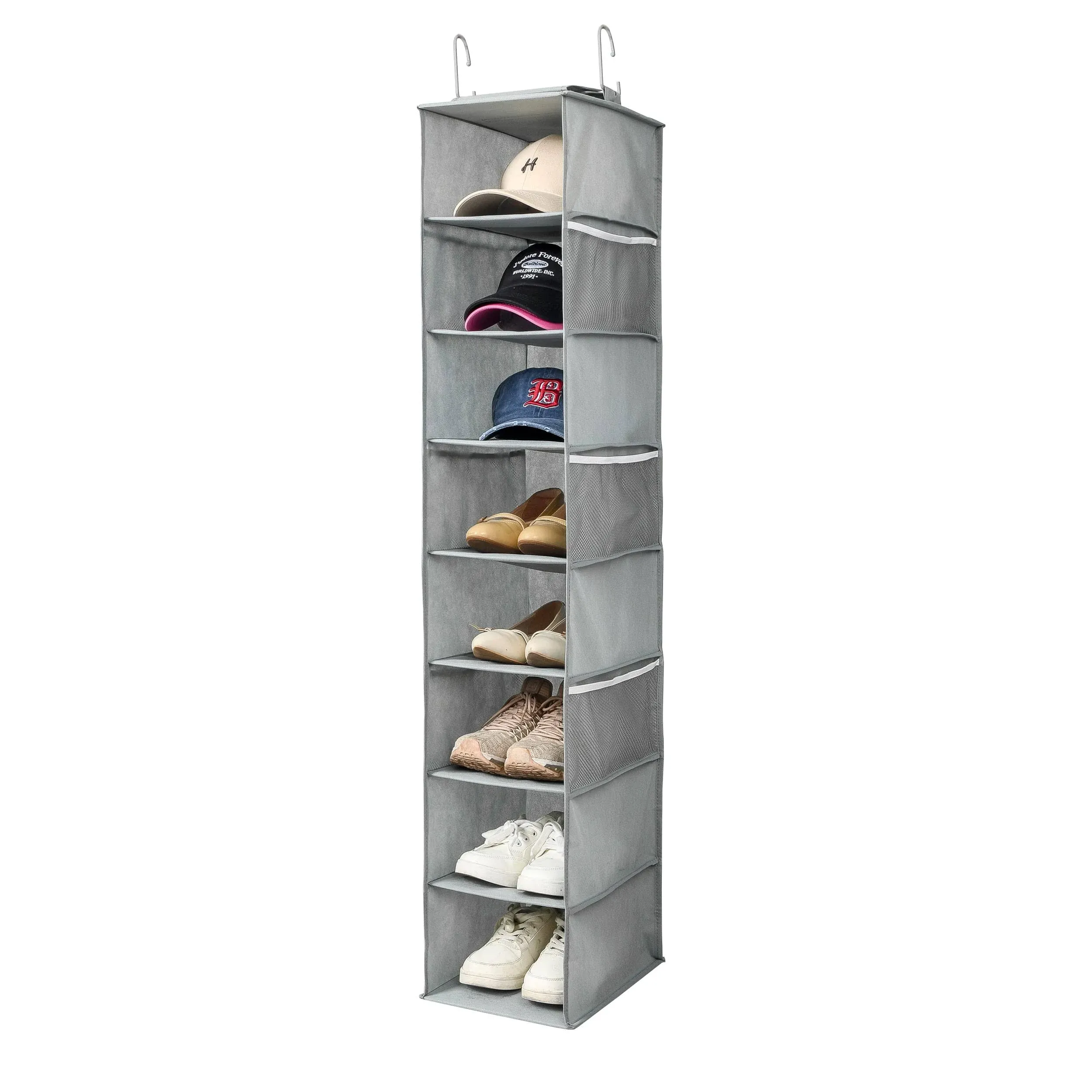 Hanging Shoe Organizer for Closet with Side Mesh Pockets，Hat Racks for Baseball Caps，Shoe and Hat Holder & Storage，8-Shelf，Gray，1 Pack