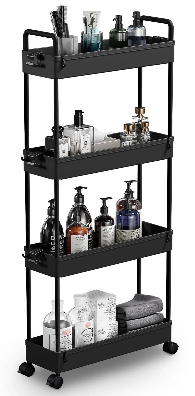 SOLEJAZZ Slim Storage Cart, 4 Tier Bathroom Organizer Mobile Shelving Unit, Rolling Utility Cart Slide Out Organizer for Kitchen, Bathroom, Laundry, Narrow Places, Black