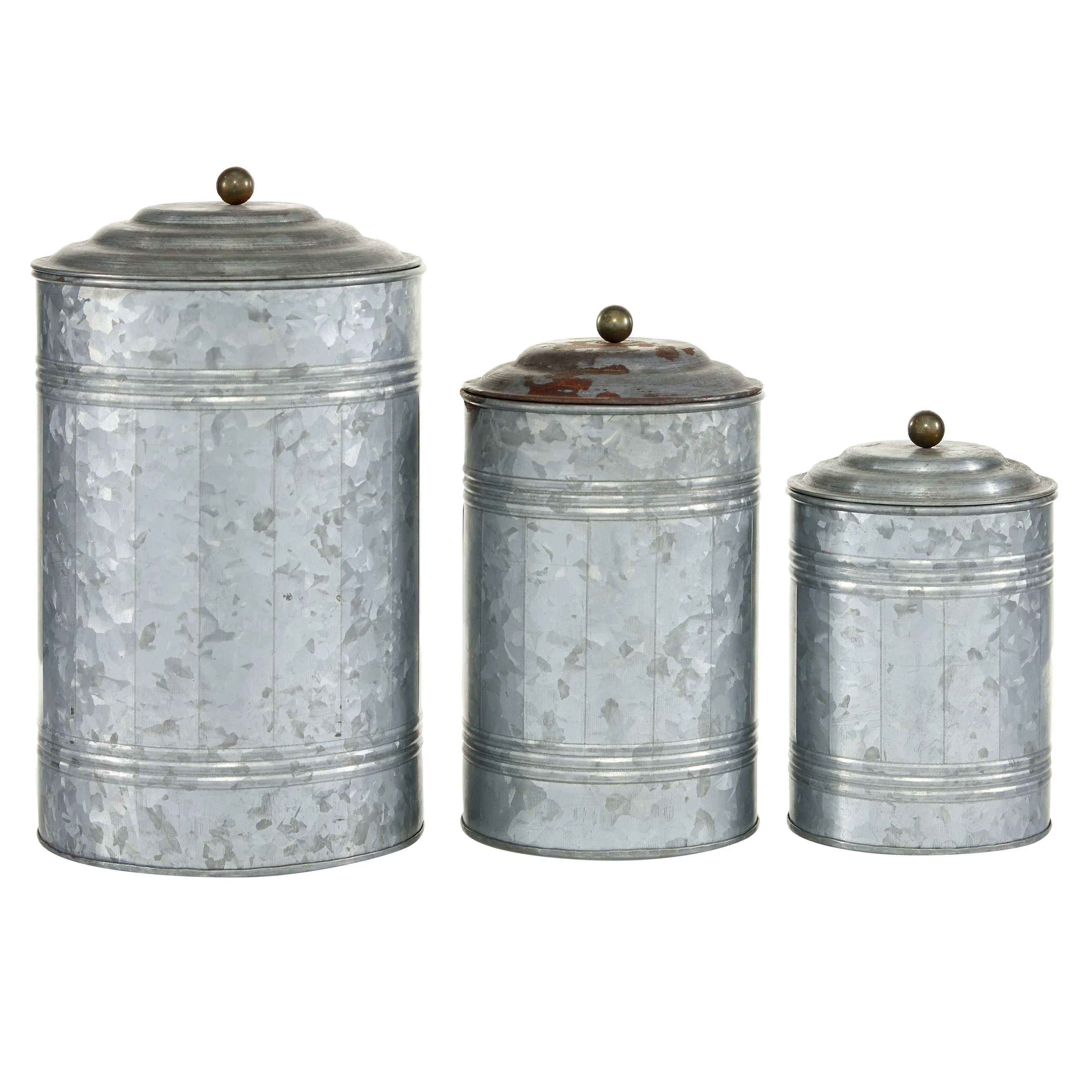 Rustic Metal Galvanized Canisters Set Of 3 Benzara- Saltoro Sherpi