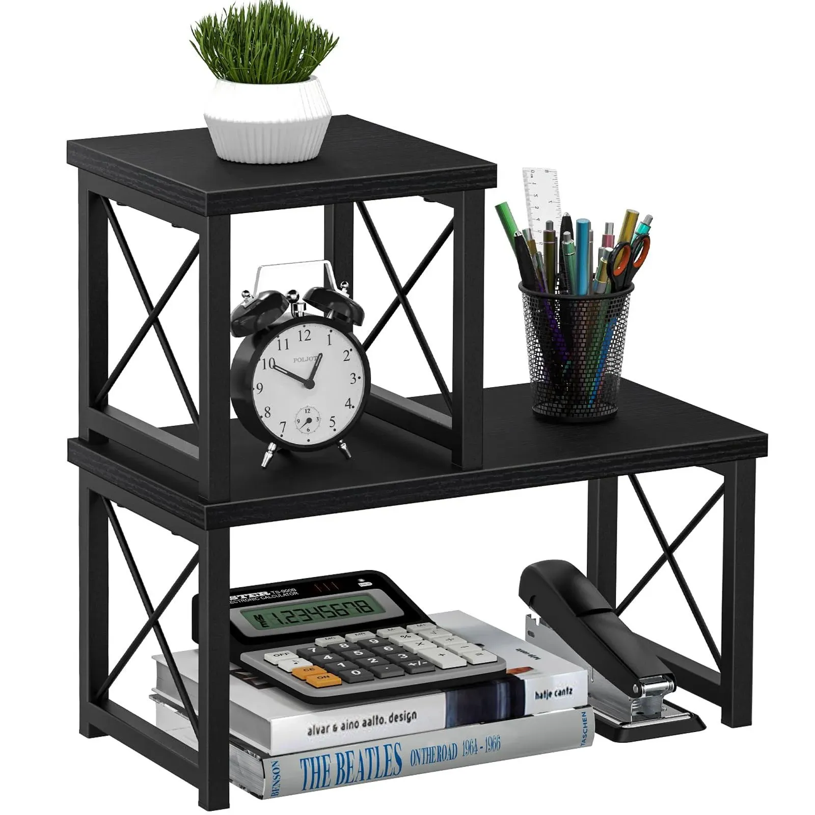 Honiter Desktop Shelf, Desktop Organizer Shelf, Freestanding Small Bookshelf Desk Shelf Organizer, 2 Tier Independent Stackable Desk Organizer, Desktop Office Storage Rack Display Shelf, Black