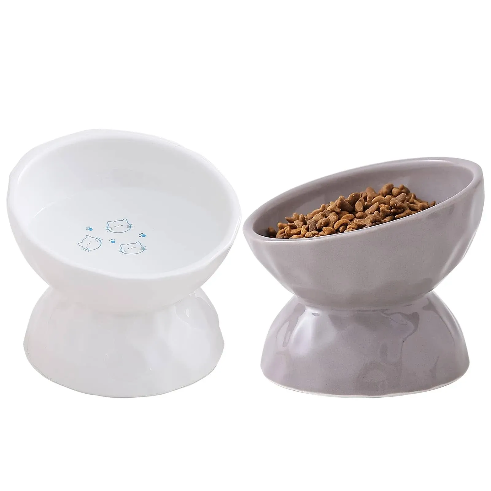 AOMRYOM Raised Cat Food Bowl, Ceramic Elevated Tilted Cat Bowls for Food and Water, Pet Bowl Dish Set for Cats and Small Dogs, Protect Cat's Spine, White & Grey, Set of 2