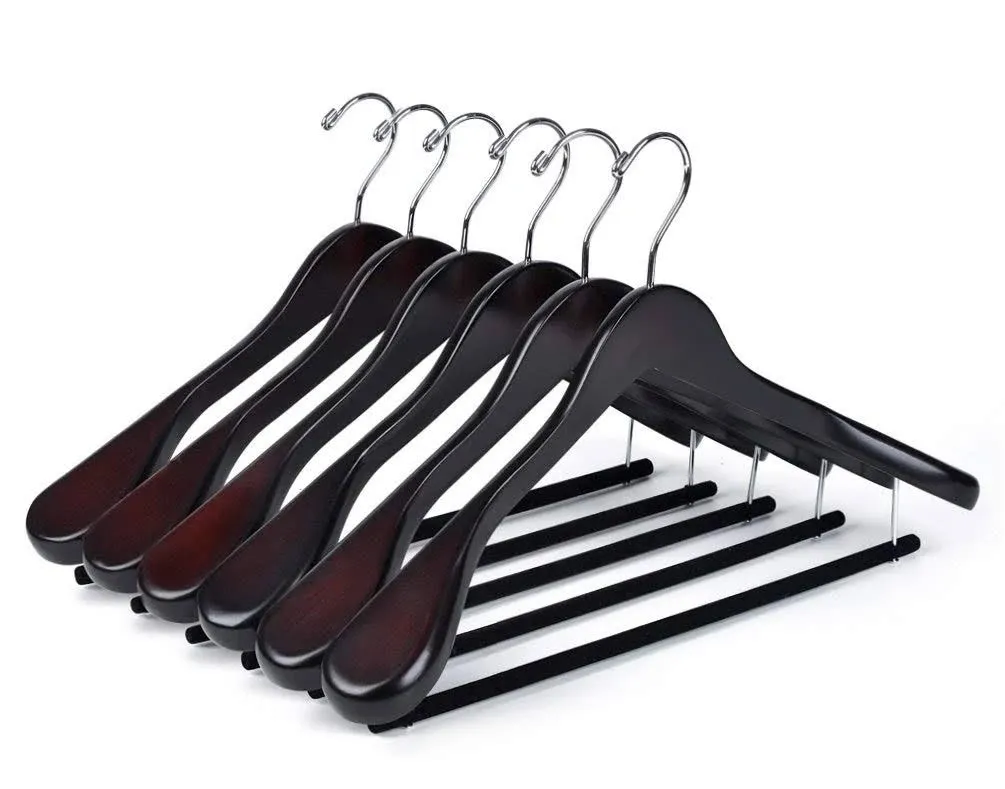 Luxury Wide Shoulder Wooden Hangers 6 Pack, with Velvet Bar, Smooth Mahogany ...