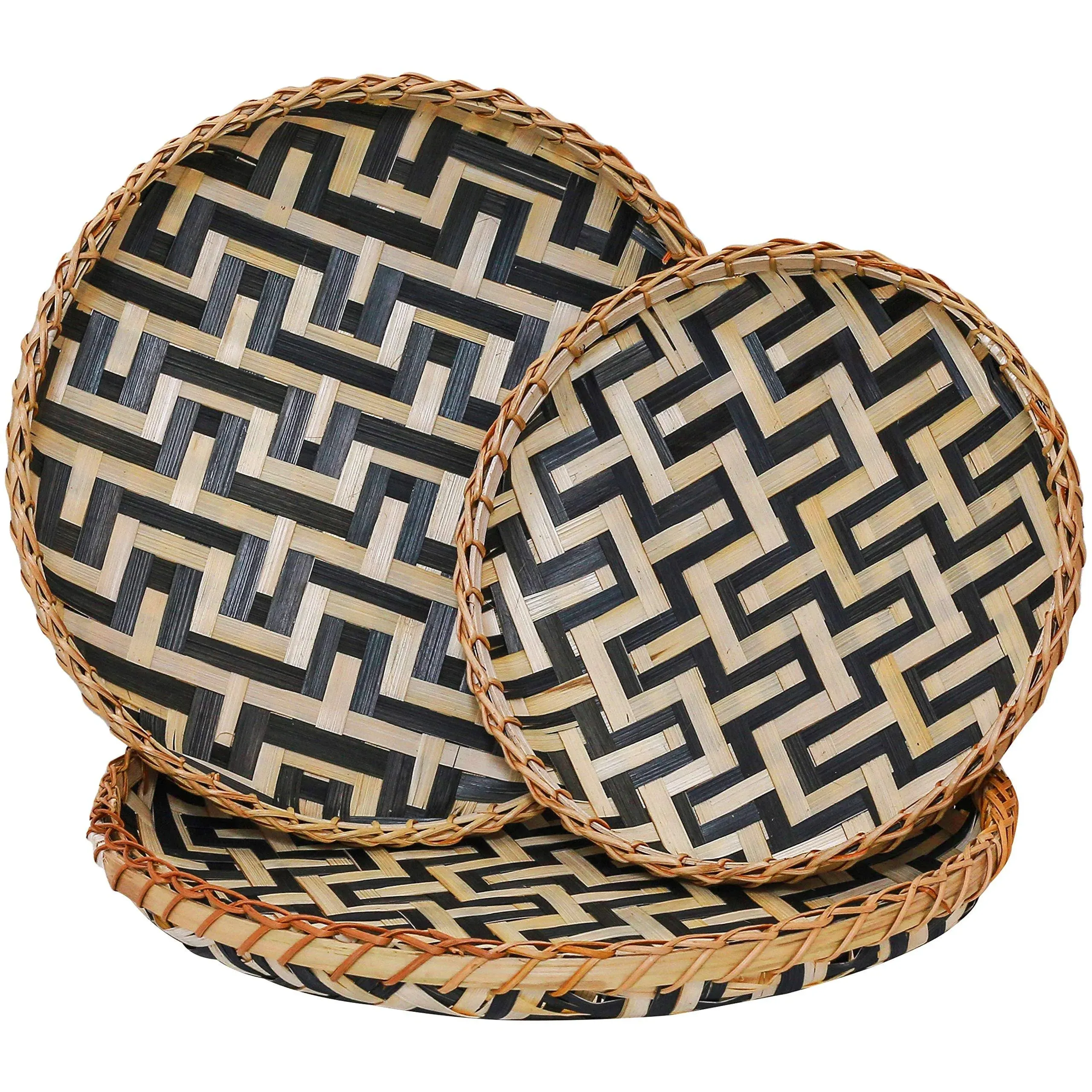 Bamboo Woven Wall Baskets Decor Boho Flat Set 3 Shallow Basket for Organizing Kitchen, for Coffee Table Trays Decorative Plates for Wall Hanging