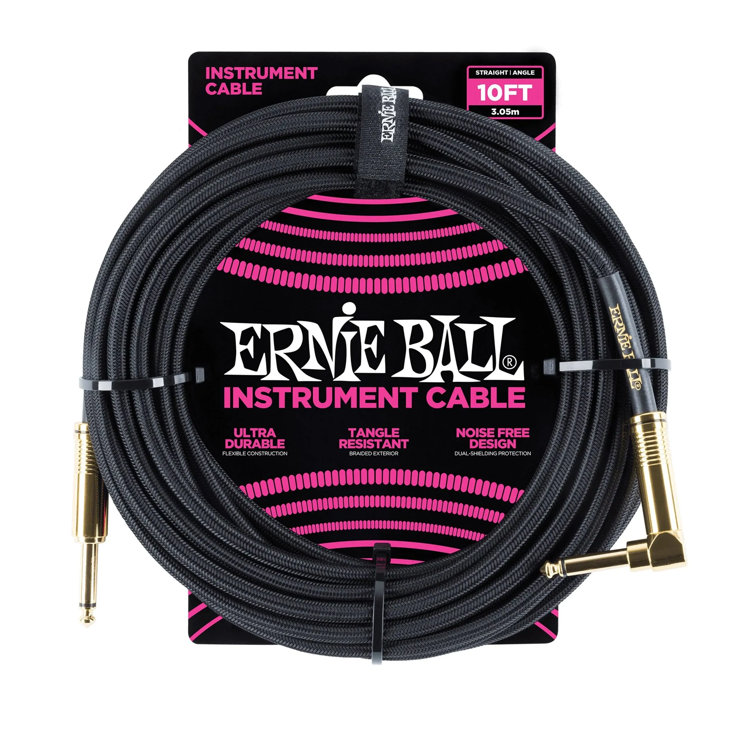 Ernie Ball P06081 Braided Straight to Right Angle Instrument Cable - 10 foot Black