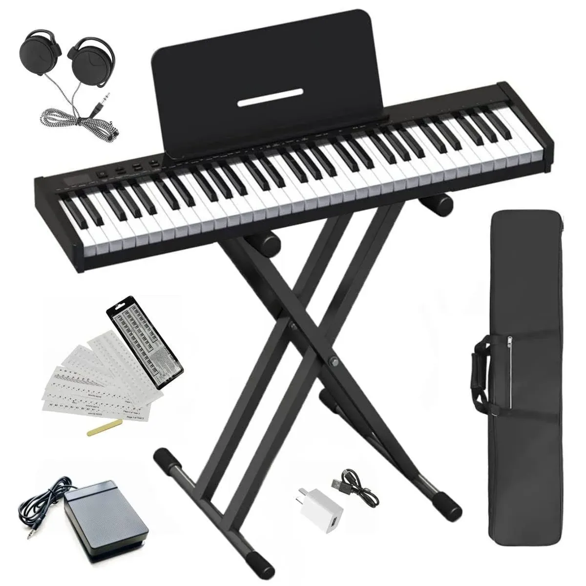 Longeye Piano Keyboard 61 Key Semi Weighted Portable Compact Keyboard Piano for Beginners with Stand, Headphones, Sustain Pedal, Carrying Case, Black