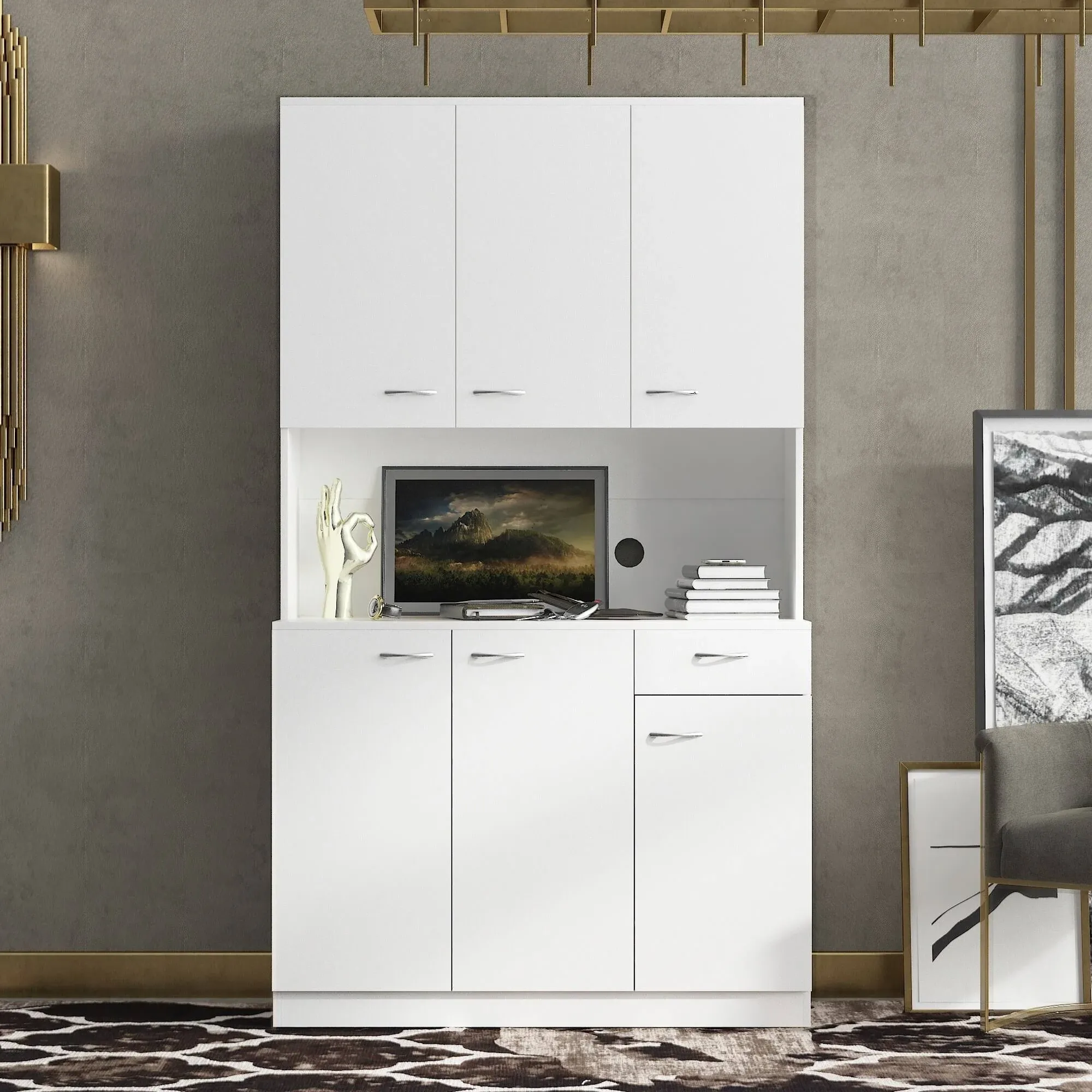 White 70 in Tall Wardrobe&amp; Kitchen Cabinet with 6-Doors Open Shelves Drawer 