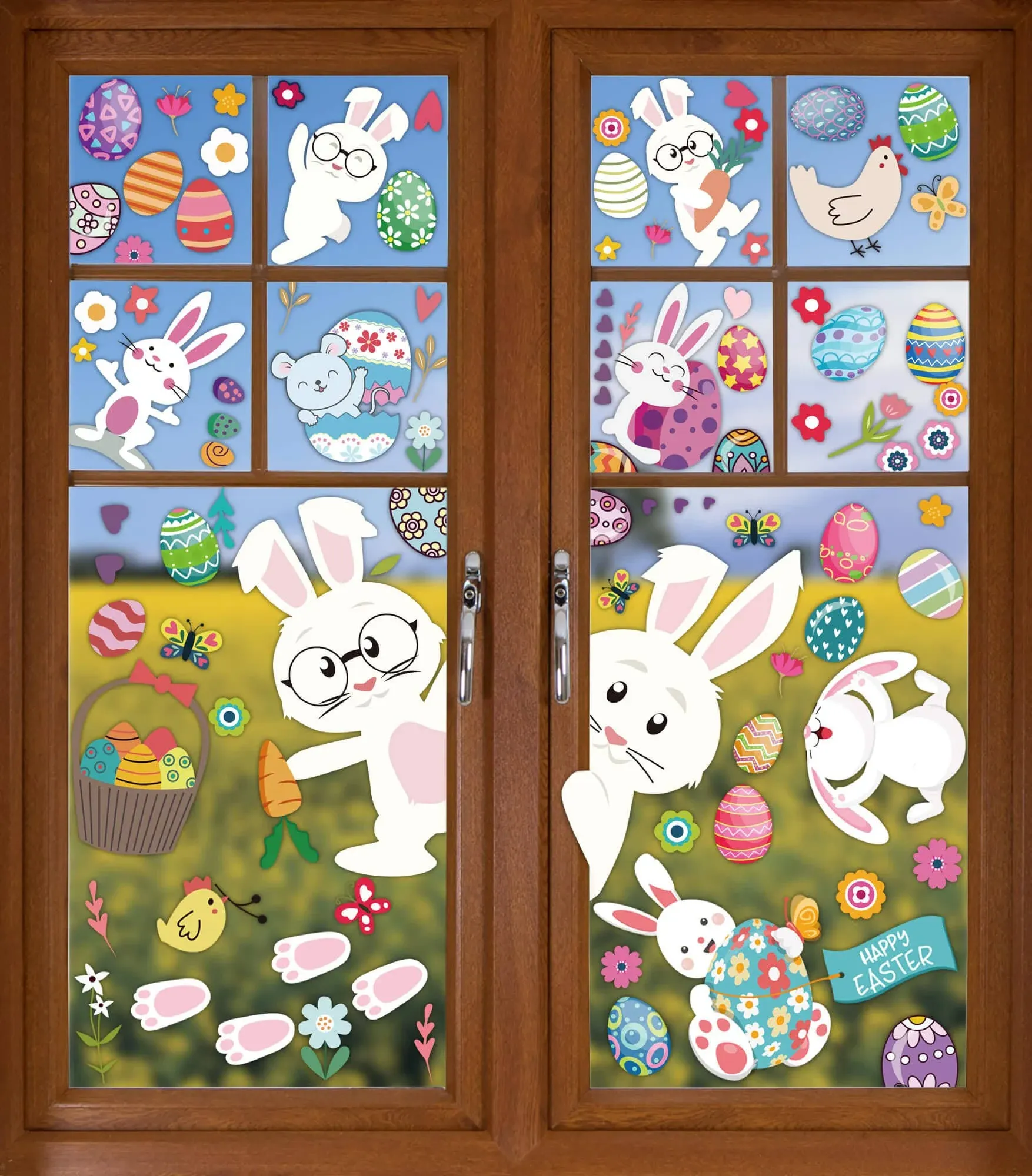 9 Sheets Easter Window Stickers, 131pcs Cute Eggs Bunny Carrot Clings for Easter ...