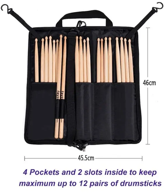 Drum Stick Bag with an External Pocket, Standard Nylon Stick Bag with a Carry Handle and Floor Tom Hooks, Inside 4 Slots Holds up to 12 Pairs of Drumsticks,Water Resistant Nylon