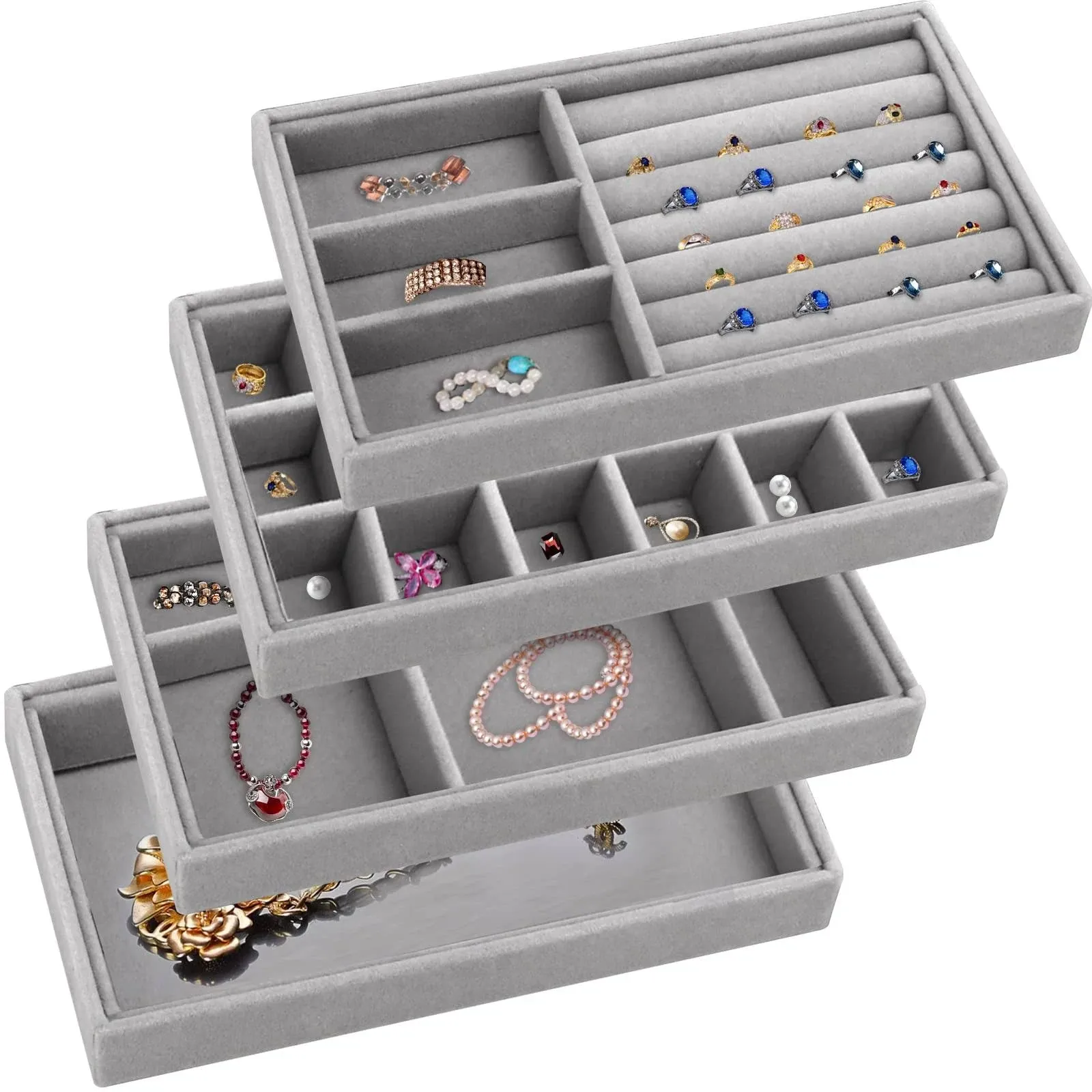 4 Pcs Stackable Jewelry Organizer Trays for Drawers, Velvet Jewelry Organizer Drawer Inserts, Ring Earring Organizer Storage Display Tray Dresser Showcase Box (Thickened Removable Dividers)