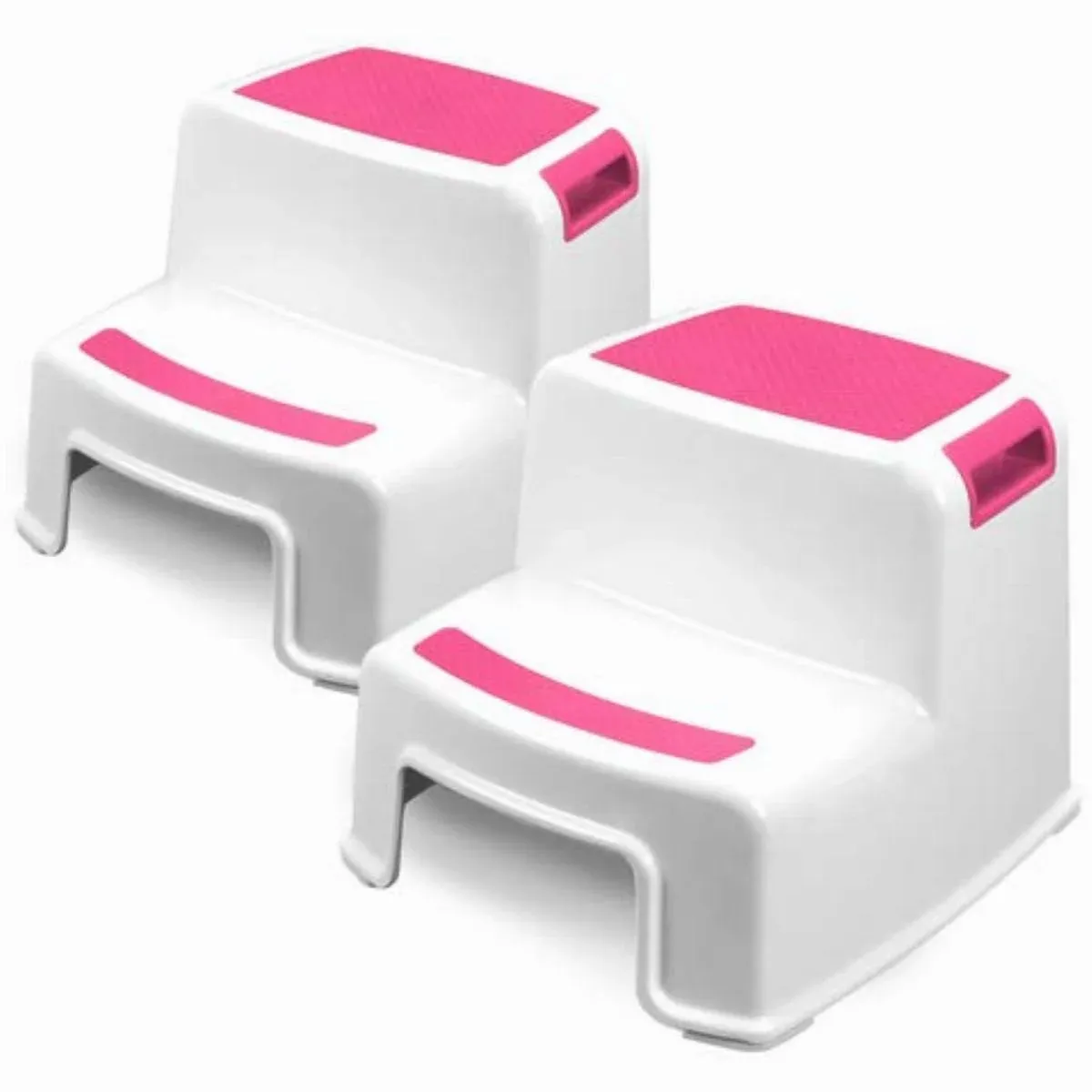 Extra Sturdy Two Step Kids Step Stools - 2 Pack, Pink - Child, Toddler Safety Steps for Bathroom, Kitchen and Toilet Potty Training - Non Slip Feet, Textured Friction Grip, Carrying Handle, Stackable