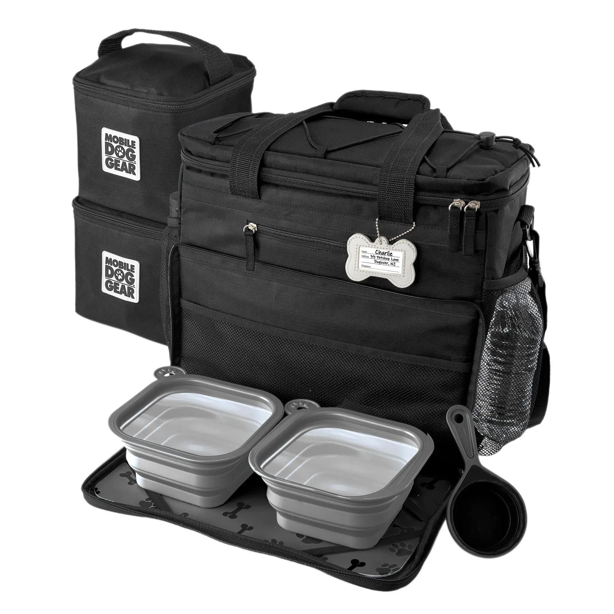 Mobile Dog Gear, Rolling Week Away Dog Travel Bag, Includes Lined Food Carriers and 2 Collapsible Dog Bowl, Black