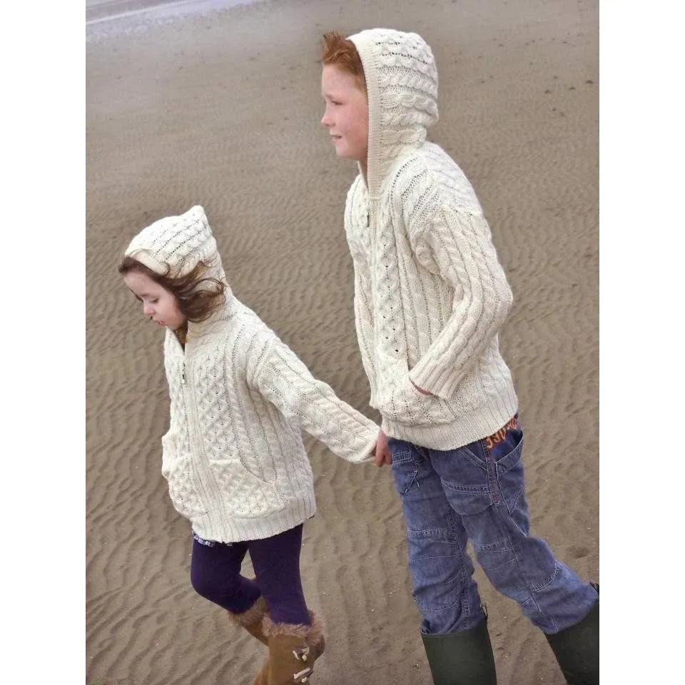 Aran Crafts Kid's Irish Cable Knitted Hooded Zip Cardigan (100% Merino Wool)