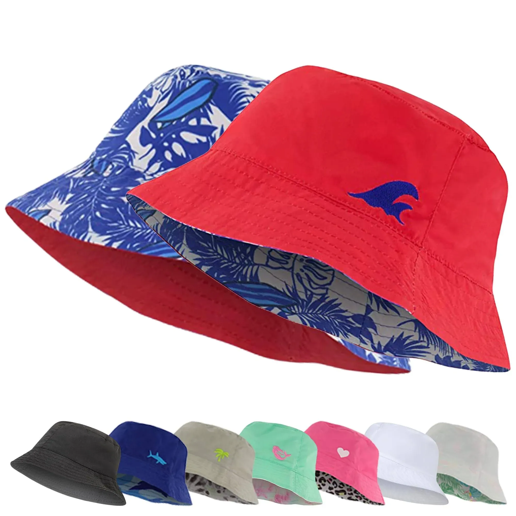 Addie & Tate Kids Reversible Bucket Hat for Girls & Boys, Packable Beach Sun Bucket Hat for Kids Ages 3-7 Years (Red/Tropical Surf)