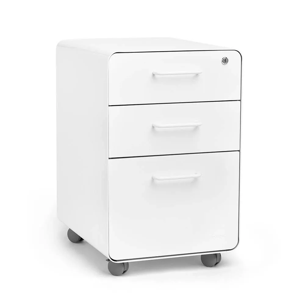 Poppin Stow 3-Drawer Rolling File Cabinet - White. 2 Utility Drawers and 1 Hanging File Drawer. Two Locking and Two Non-Locking Wheels. Powder-Coated Steel. Two Keys Included