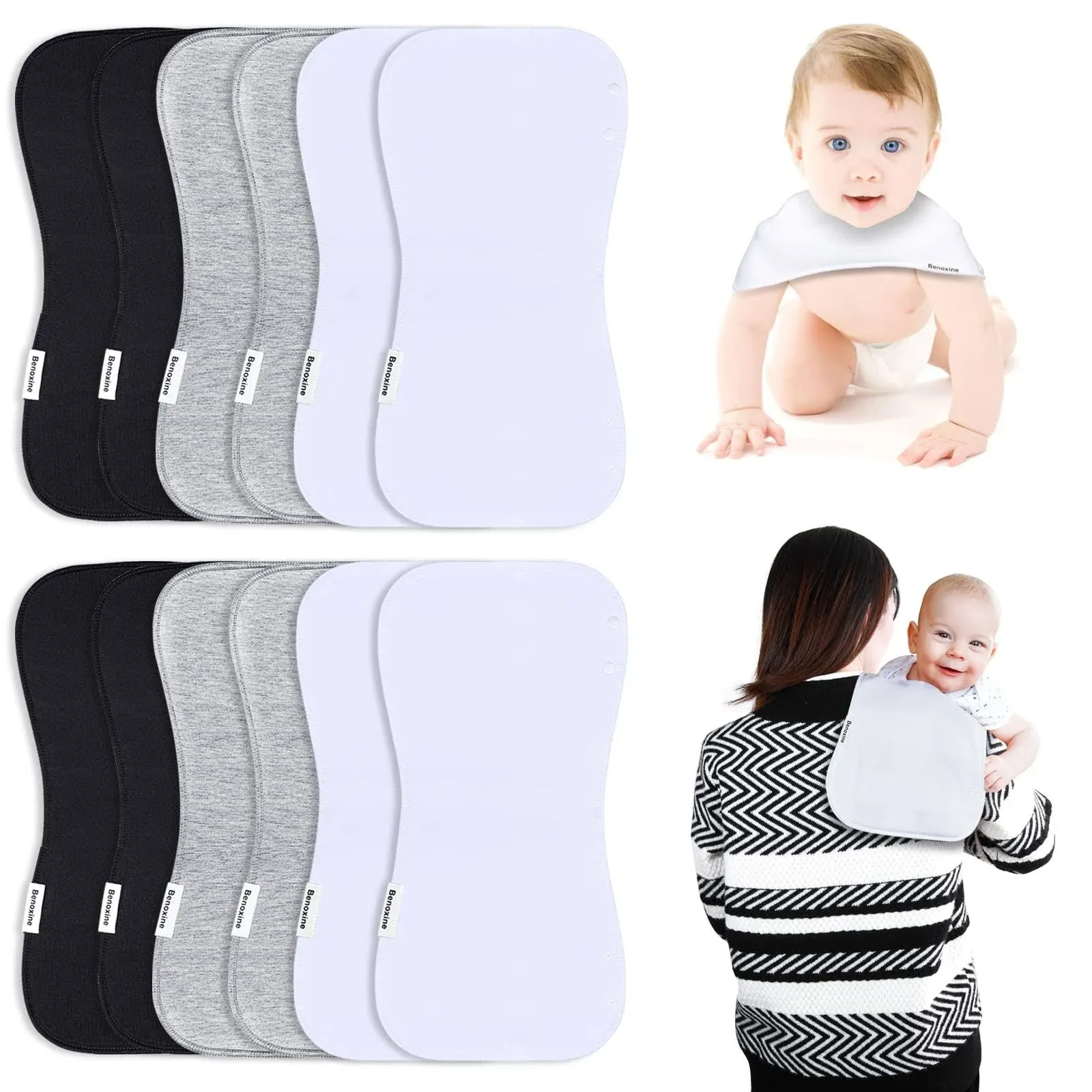 Benoxine Baby Burp Cloths & Baby Bibs 2-in-1 Design Large Size 3 Layers Thicken ...