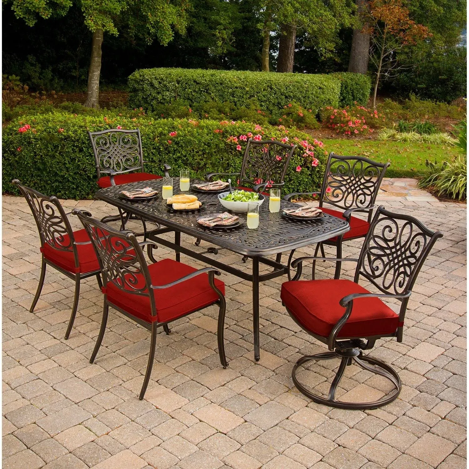 Hanover Red Traditions 7-Piece Outdoor Rust-Resistant Aluminum Table, 4 Elegant Chairs and 2 Rockers Cushions, Patio Dining Set for 6, 7PC SWIVEL & STATIONARY