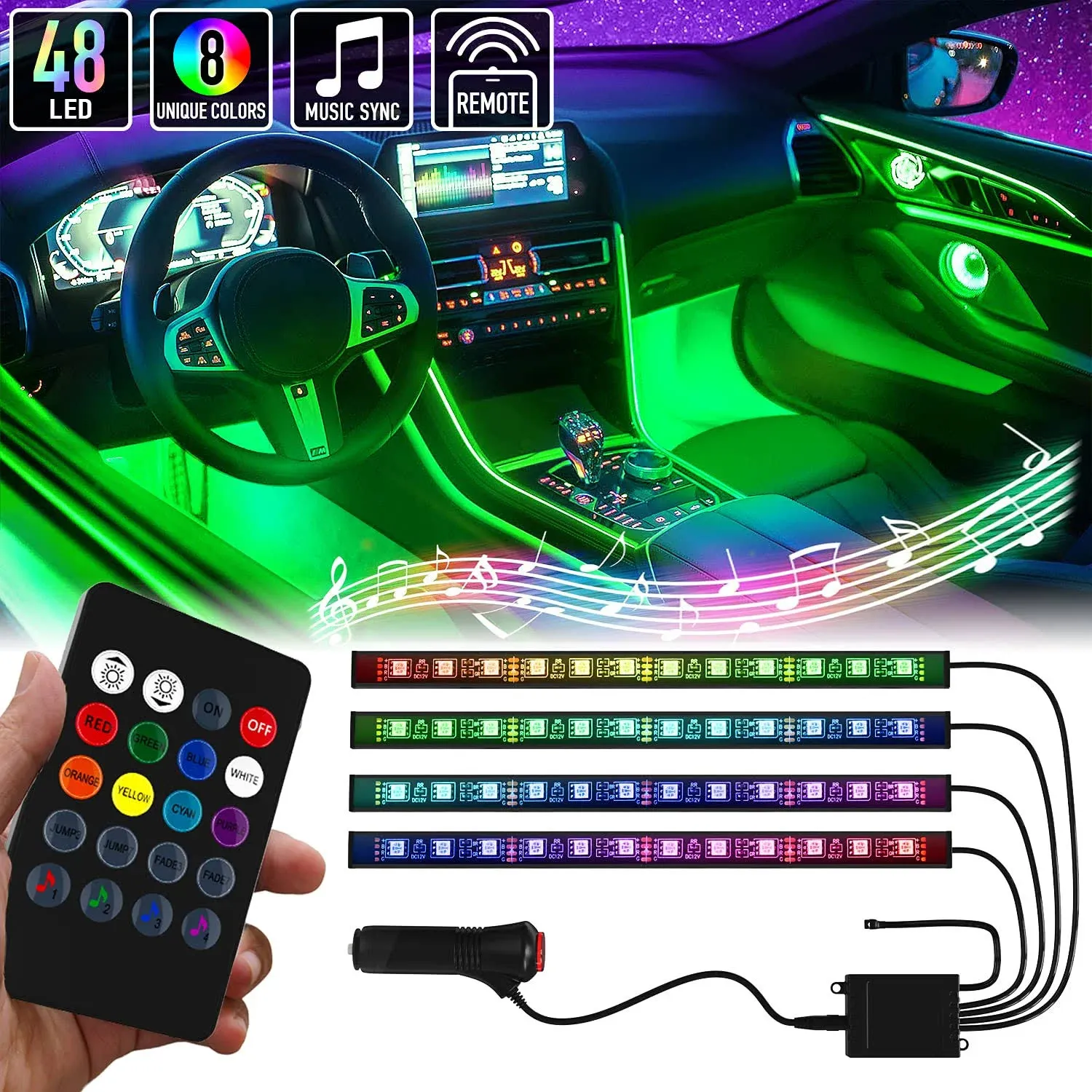 Mega Racer RGB Interior Car Lights - LED Strip Lights for Car 48 LEDs 8 Color...