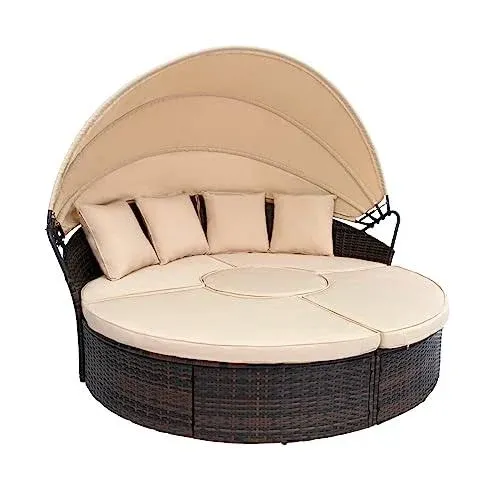 Suncrown Outdoor Patio Round Daybed with Retractable Canopy