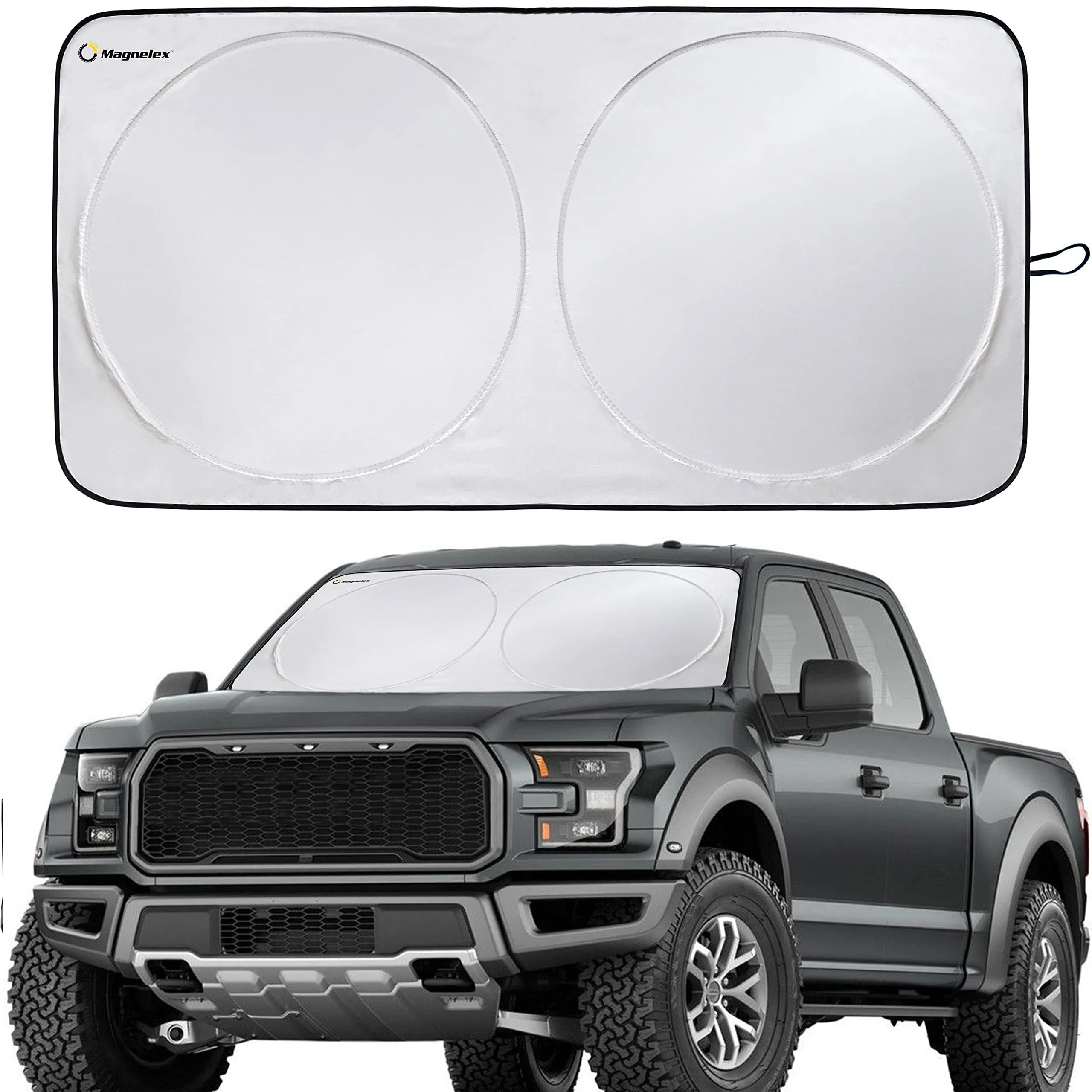 Magnelex Car Windshield Sunshade with Bonus Steering Wheel Sun Shade. Reflective Polyester Blocks Heat and Sun. Foldable Sun Shield That Keeps Your Vehicle Cool (X-Large 65.7 x 36.4 in)