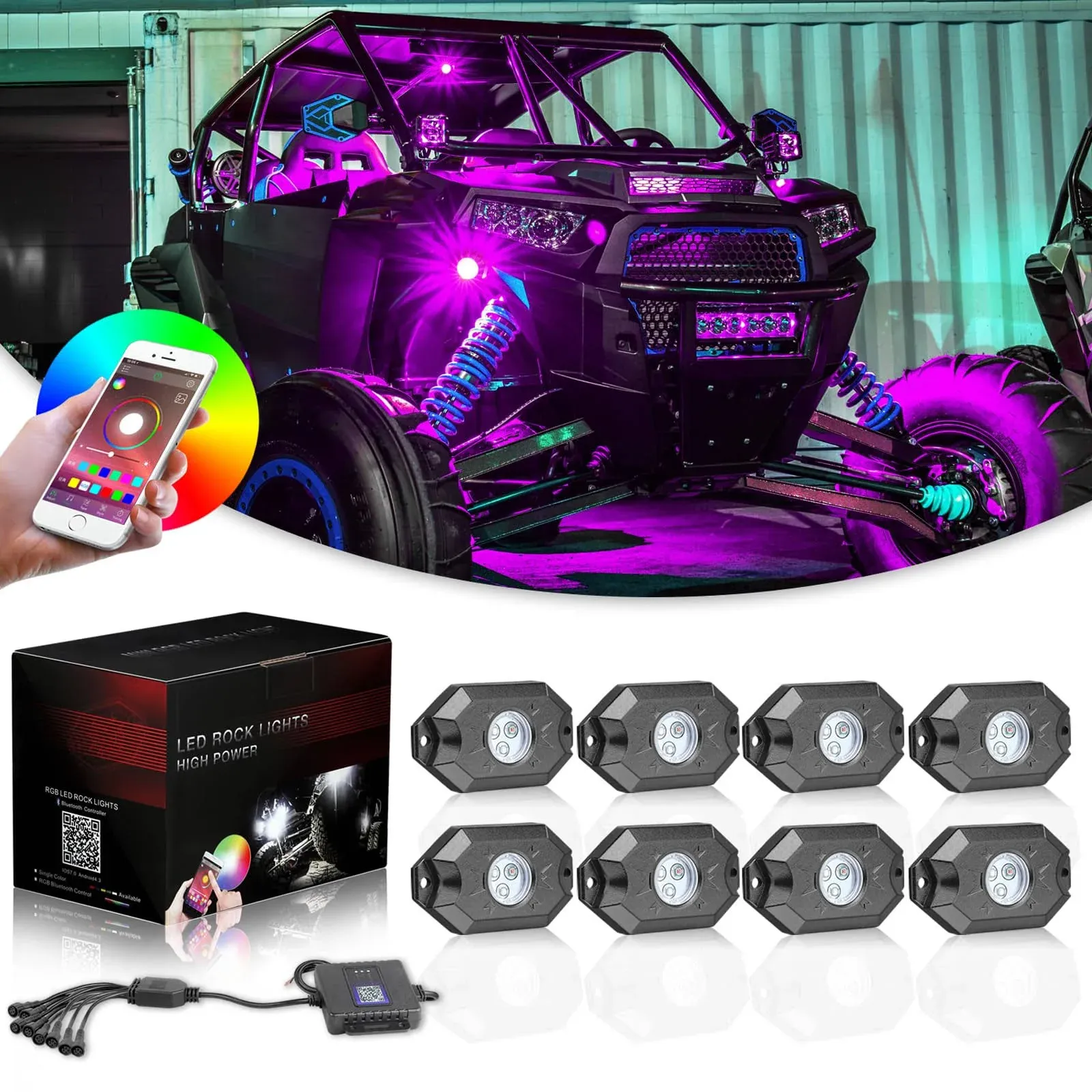 RGB Rock Light Kits, Niwaker RGB LED Rock Lights with 8 pods Lights Neon Trail Rig Lights Underglow Lights for Truck ATV UTV SUV Boat Off Road