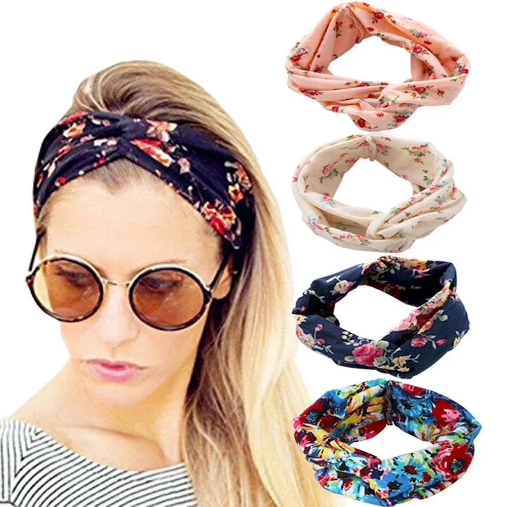 DRESHOW 4 Pack Women Headbands Vintage Elastic Boho Floal Style Criss Cross Head Wrap Hair Band Cute Hair Accessorie